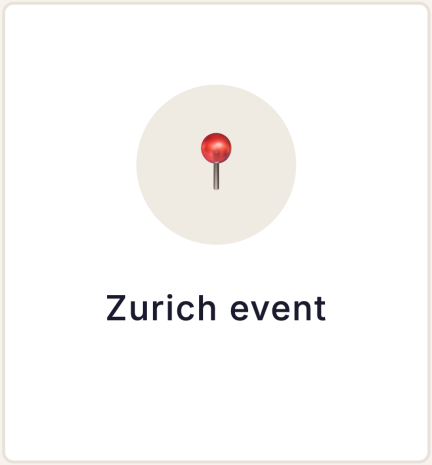 A pin with a red head, often used to mark locations on a map, above the text 'Zurich event'.