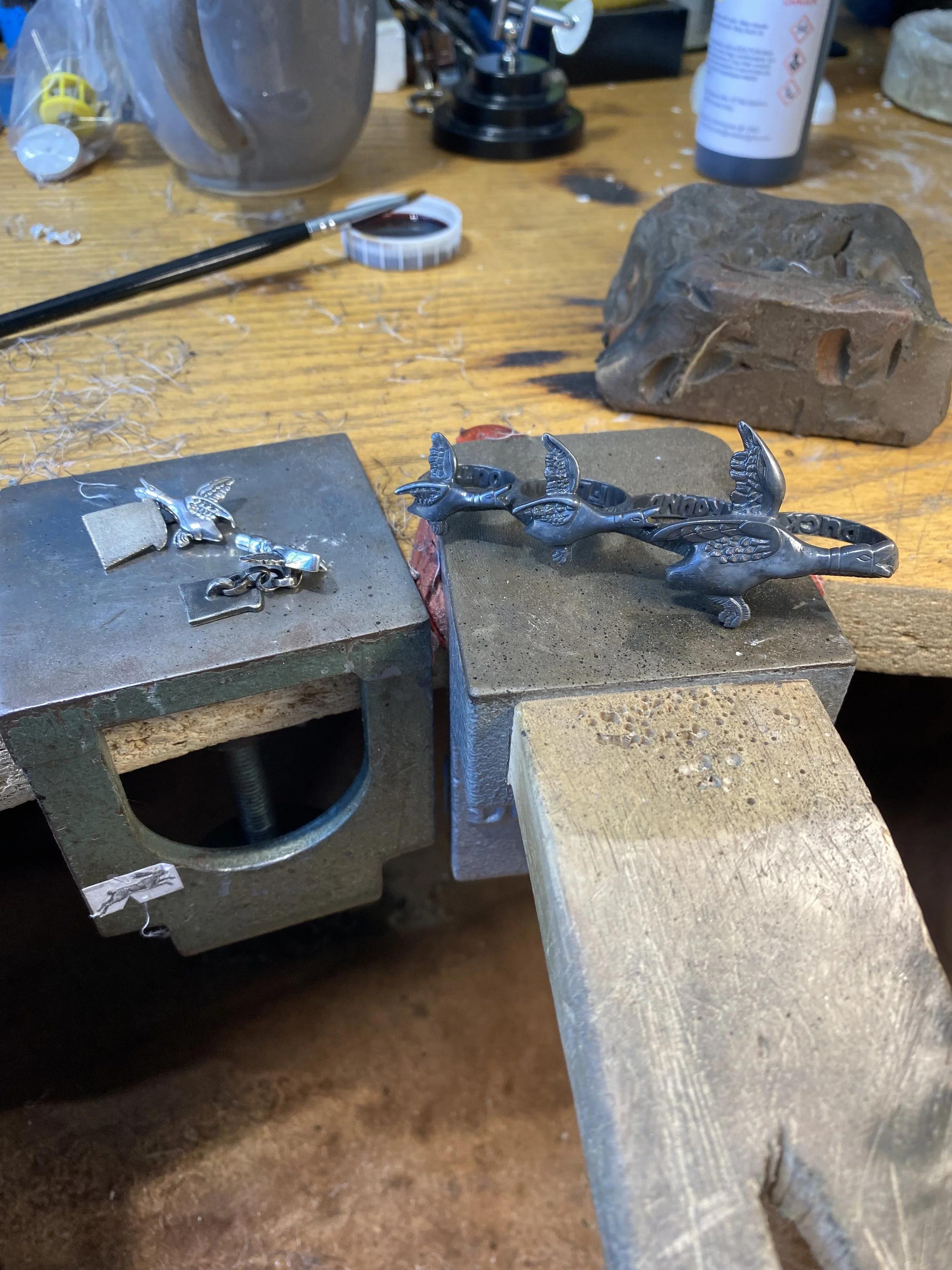 All soldered and dipped in Liver of Sulphur to oxidise, ready for a final polish. Here are the cufflinks I created called 'Bread or Dead'. 