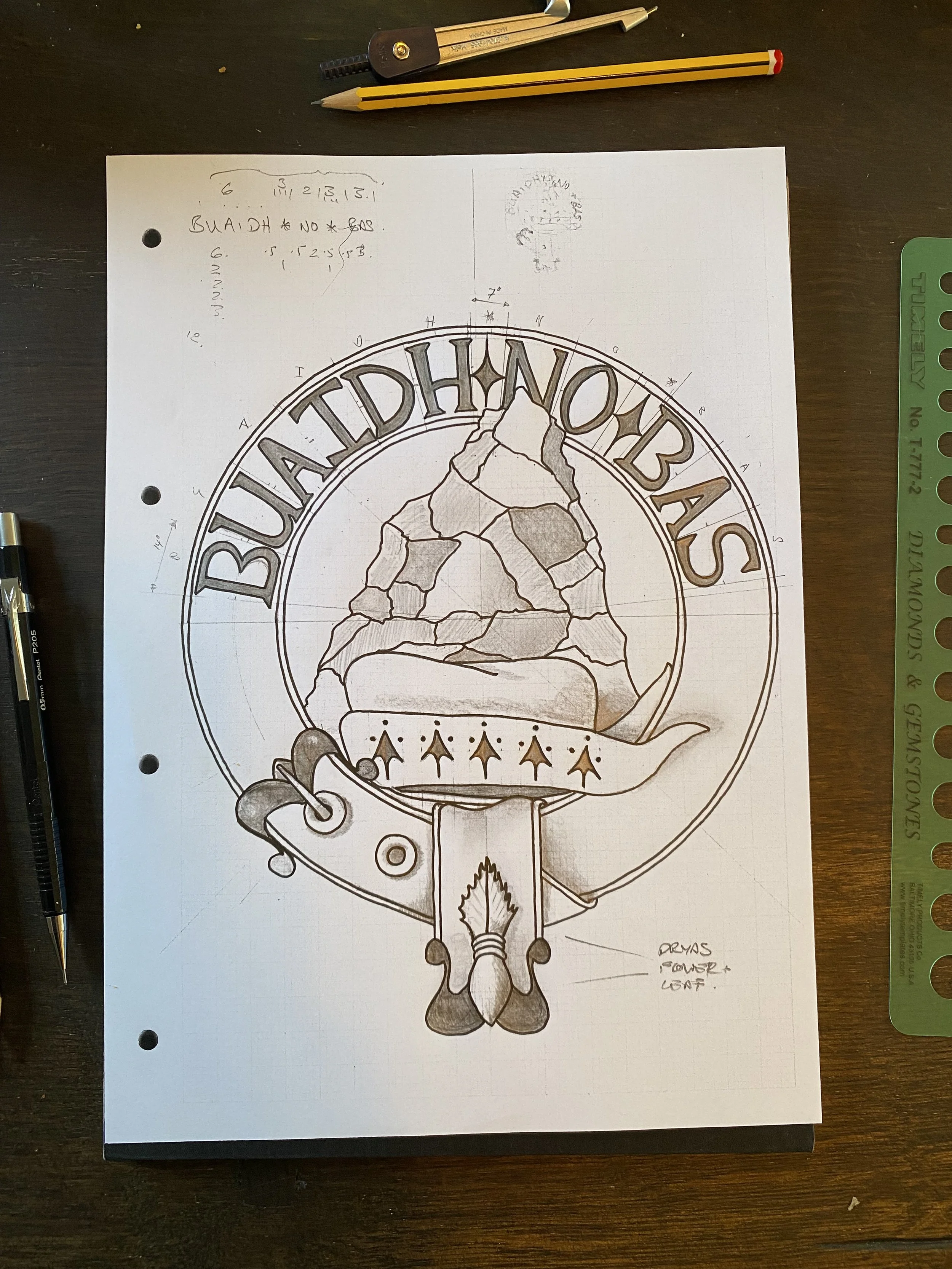 Initial sketch for the design. Incorporating the Dryas flower leaf on the end of the belt-banner. It is one of the traditional plants used historically as clan identifiers, worn in bonnets or attached to spears during gatherings or battle. I wanted t