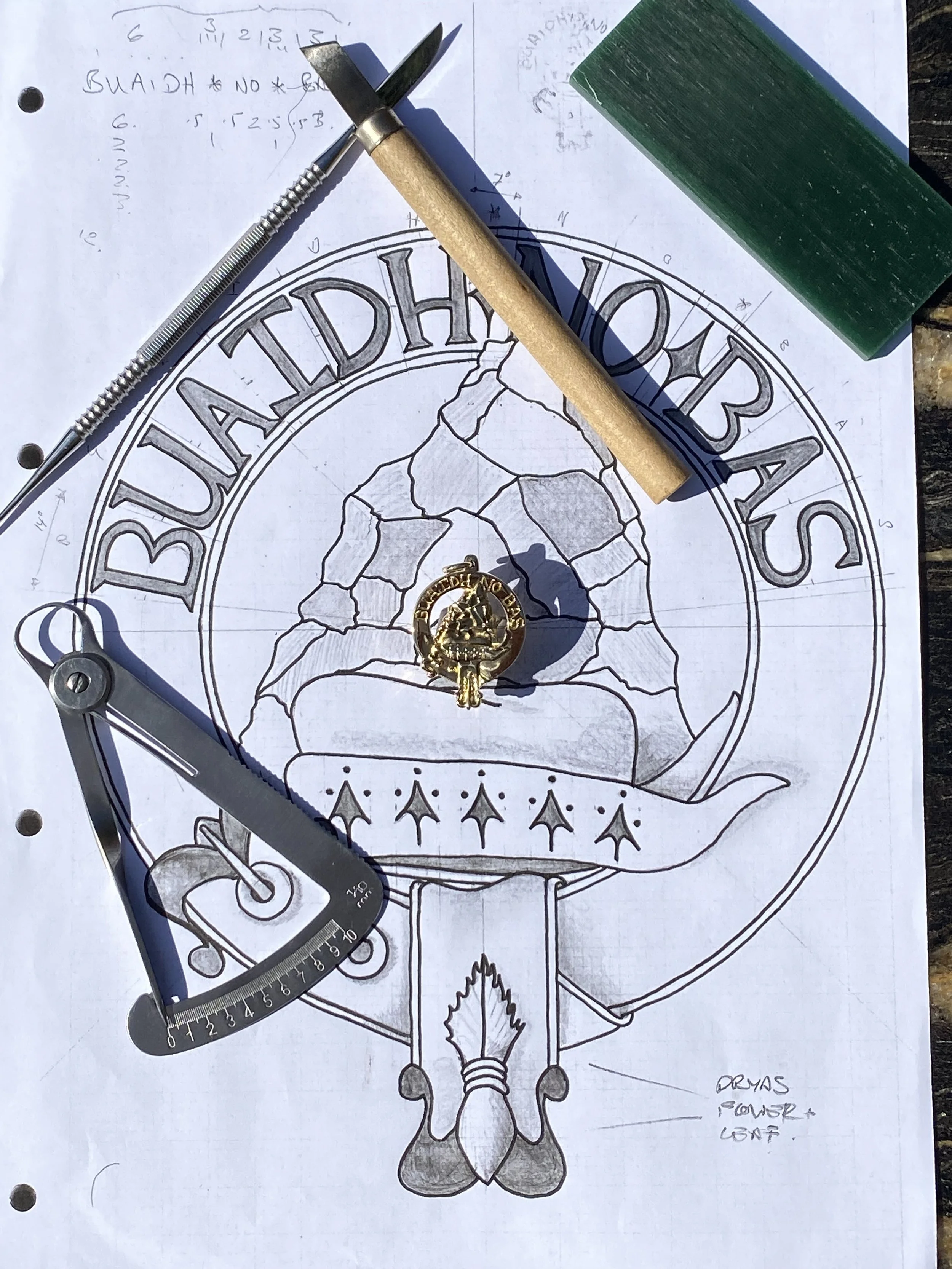 A real sense of scale of the original sketch and finished pendant. 