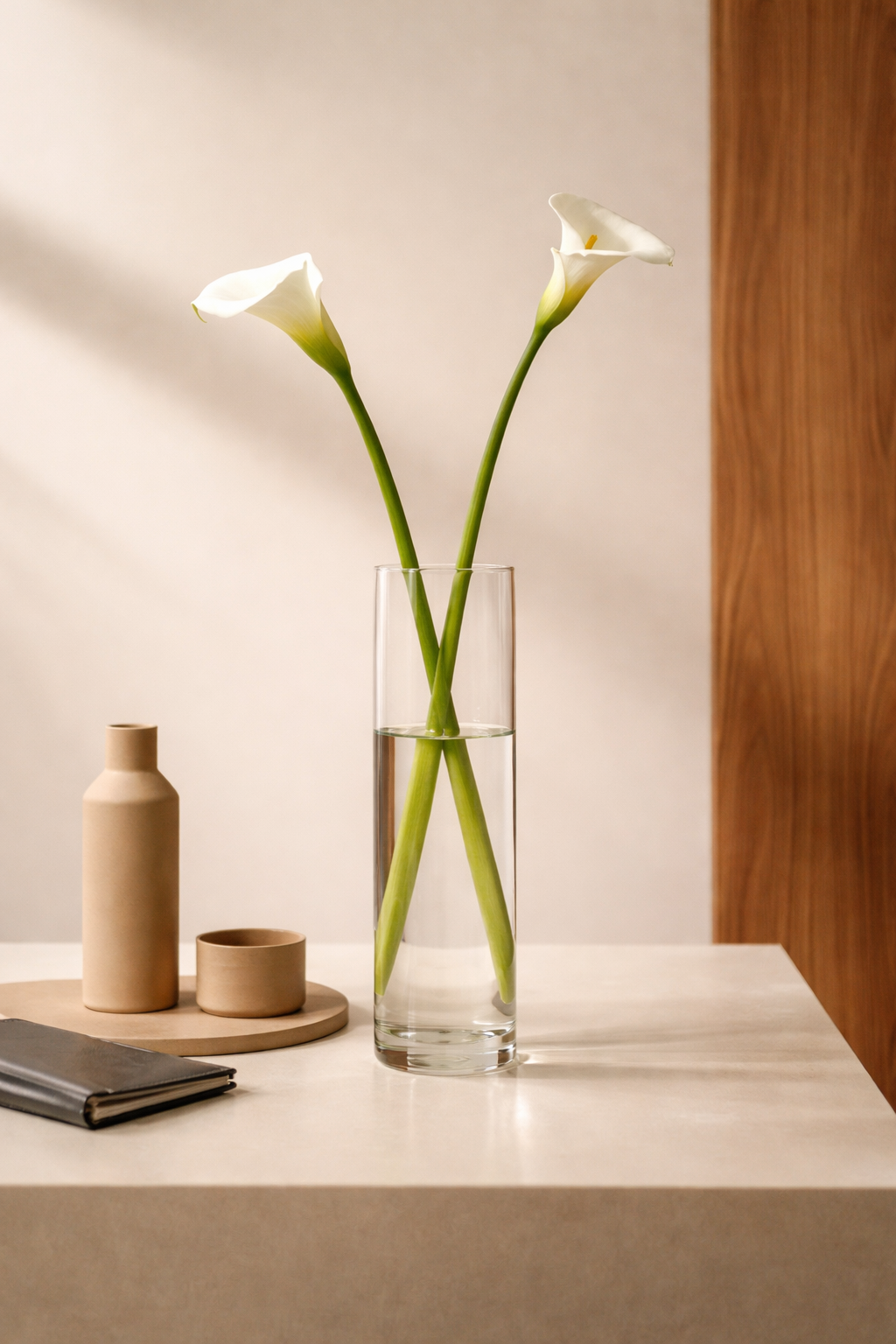 Two white calla lilies in a tall glass vase, with a beige ceramic vase and bowl, and a black notebook on a white surface, against a plain wall with wooden paneling.