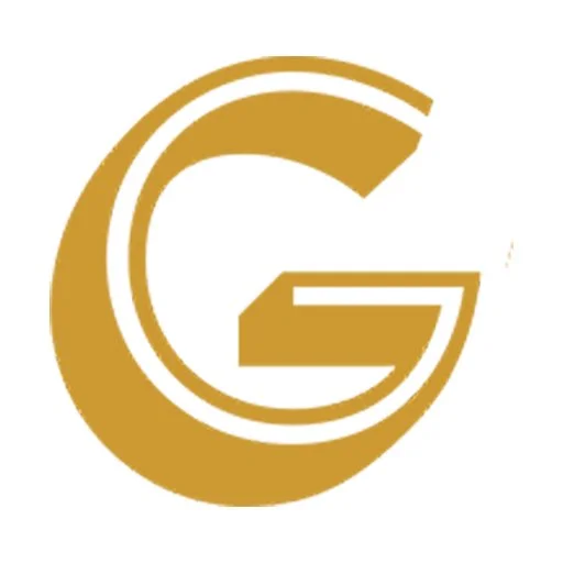 Goldene stylisierte Buchstabe G auf weißem Hintergrund.