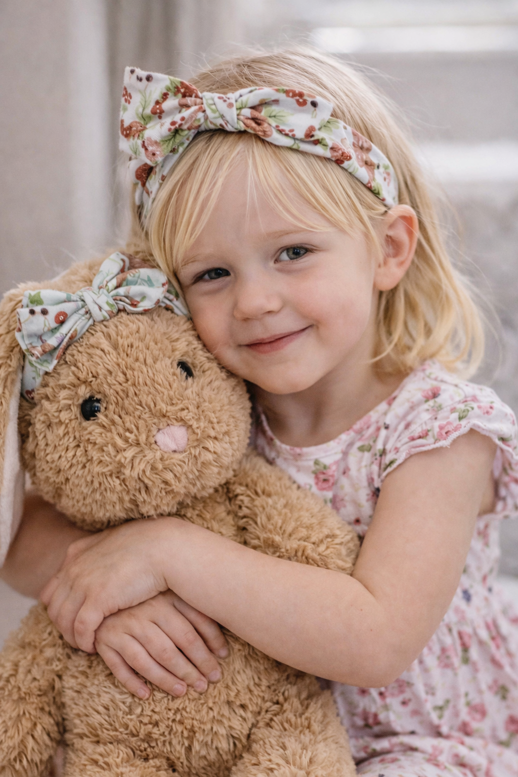 A young girl with blonde hair, wearing a floral headband and matching dress, hugging a teddy bear with a bow on its head.