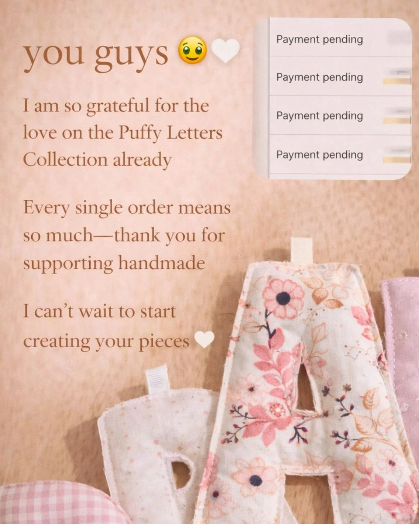 Your personalised Puffy Letters bunting is waiting 🩷
✨DIY kits available 
✨Custom name bunting 
✨Handmade to order 
Limited spots available. 
Shop via link in bio