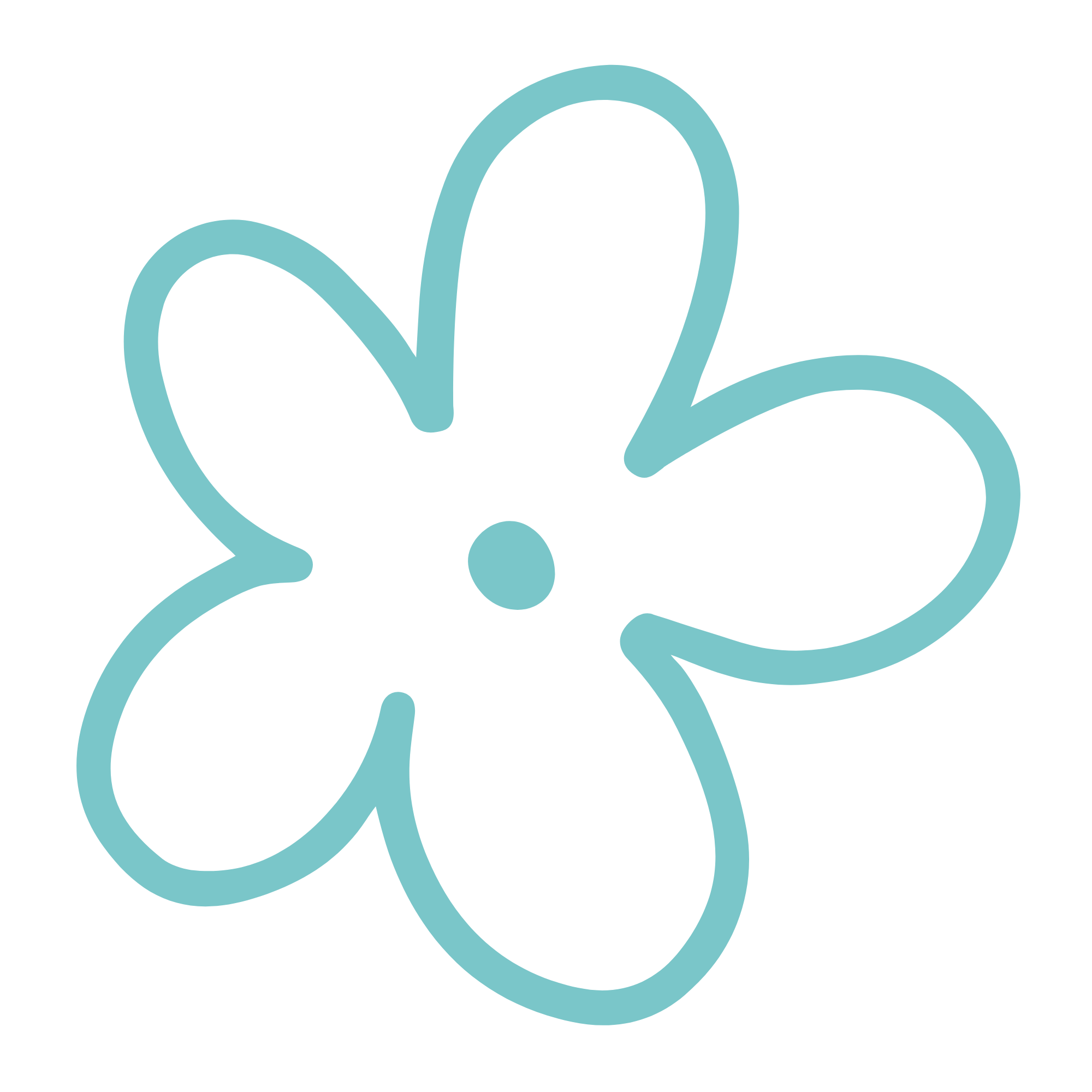 Outline drawing of a five-petaled flower in light blue.