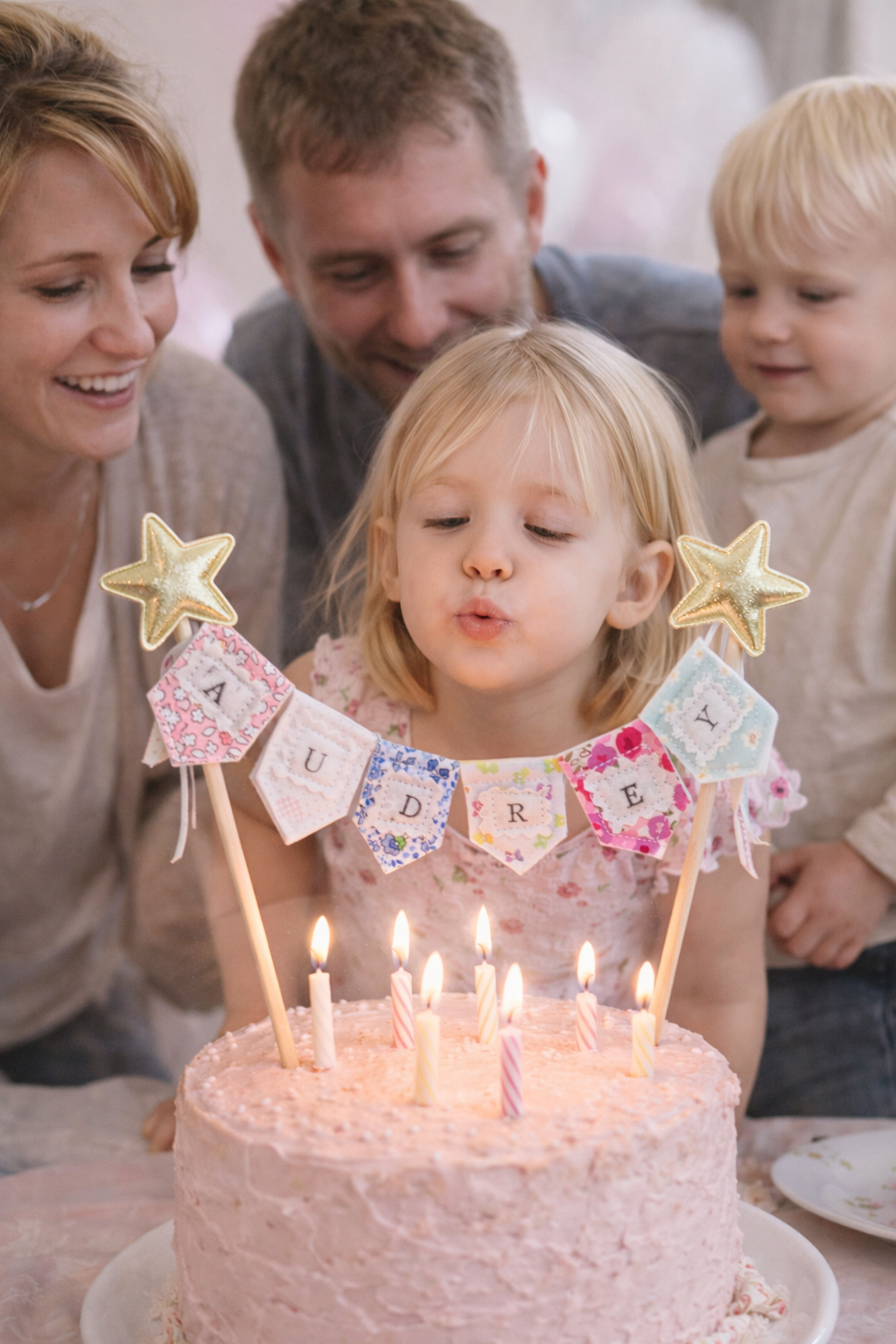 A young girl blows out birthday candles on a pink cake decorated with star-shaped toppers and a banner spelling 'Autrey.'