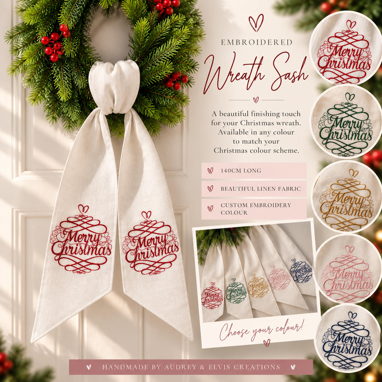 Merry Christmas Embroidered Wreath Sash