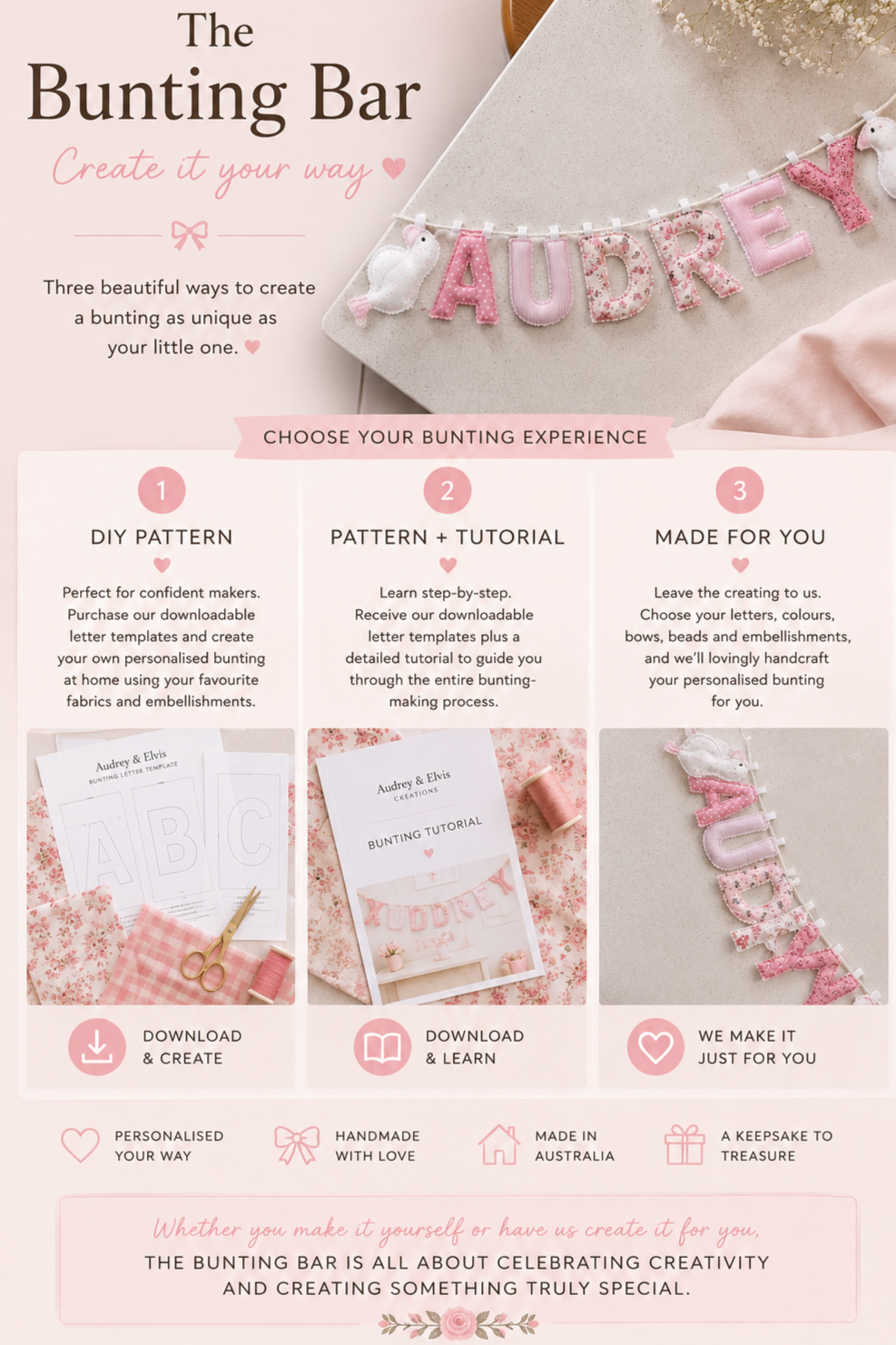 An informational flyer for a bunting-making service, titled 'The Bunting Bar', with instructions for three different bunting creation experiences: DIY Pattern, Pattern + Tutorial, and Made for You. The flyer features pink and white decorative elements, images of bunting templates, and craft supplies.