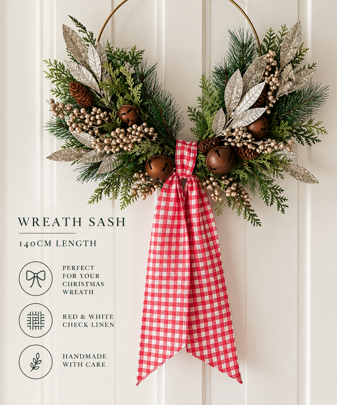 Red & White Check Linen Wreath Sash