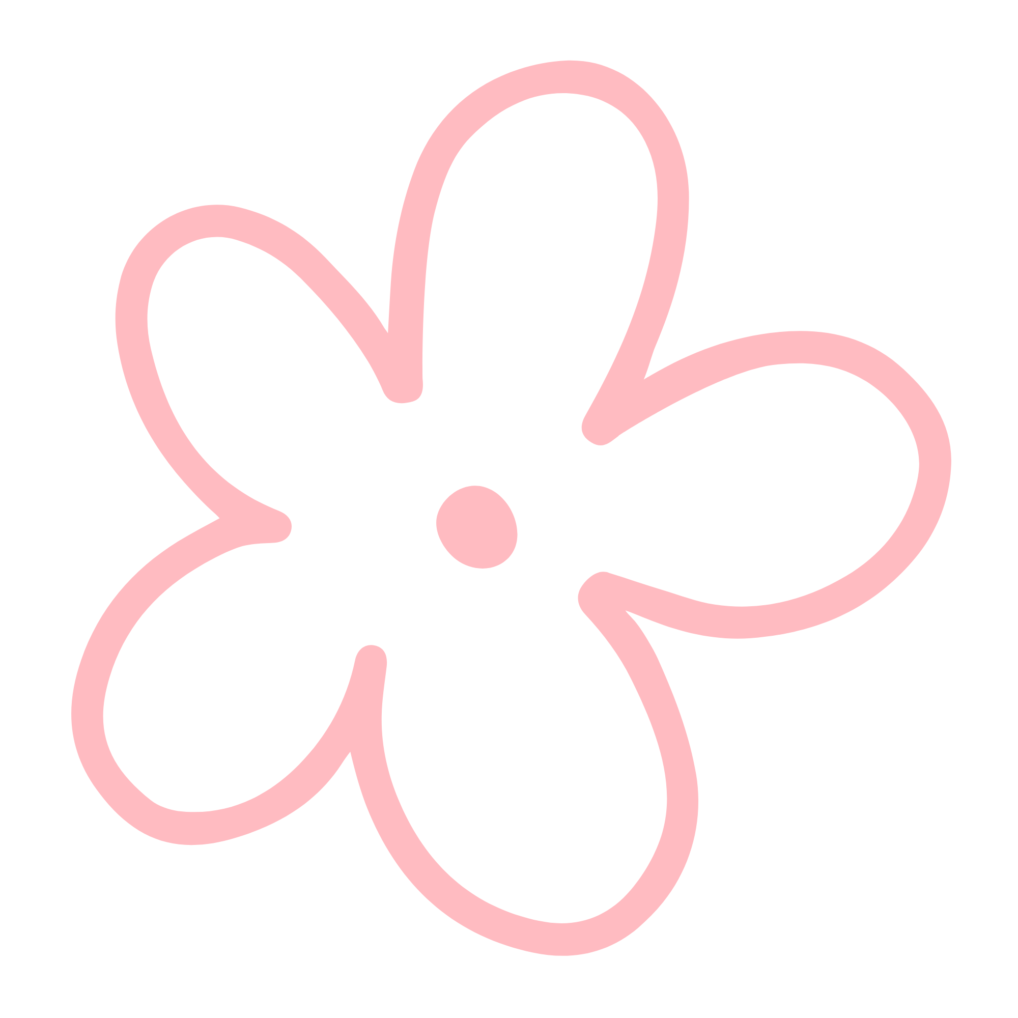 Outline drawing of a pink, five-petal flower with a dot in the center on a black background.