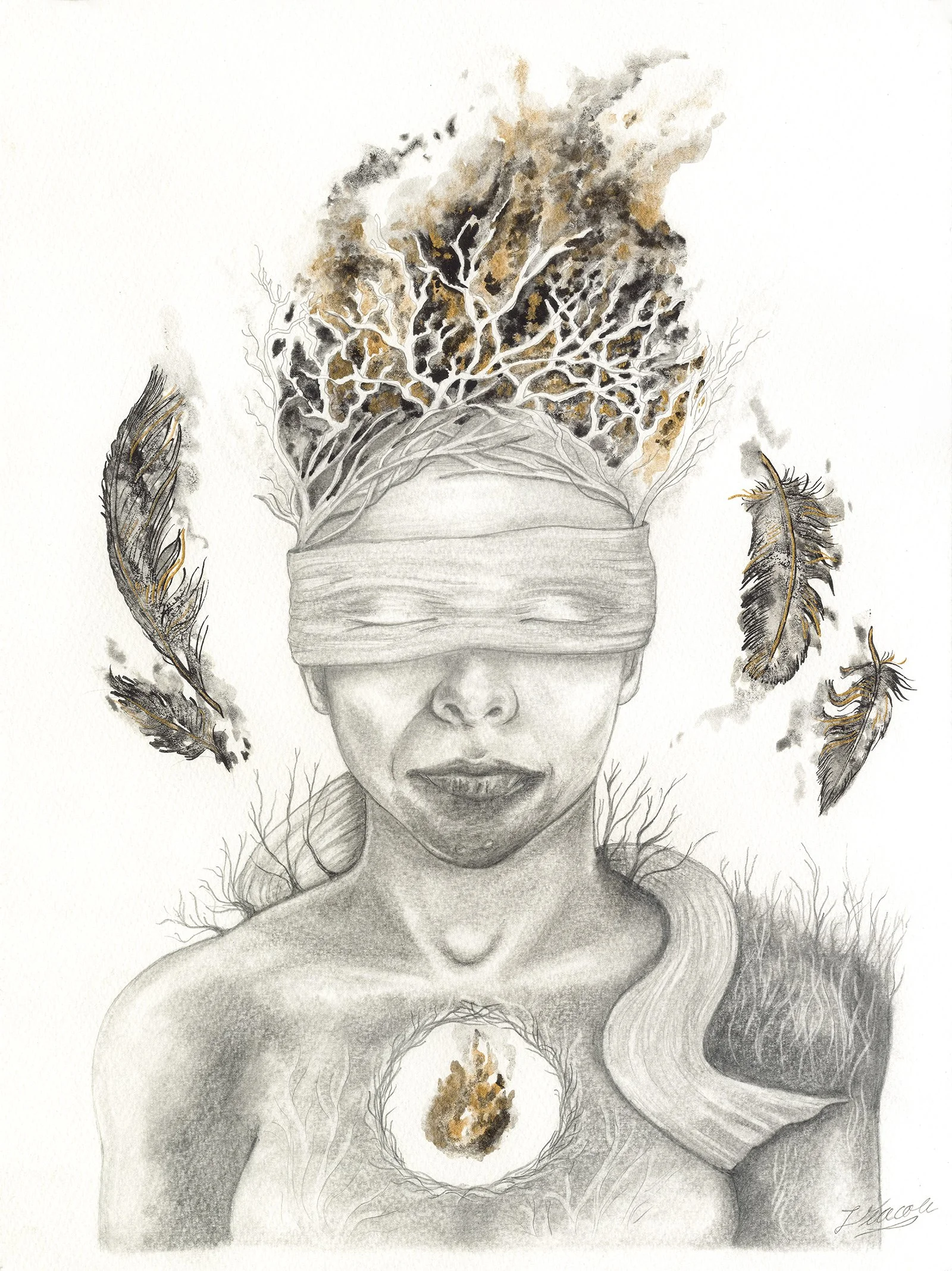 Burning Woman: Available & Framed in Grey - Mixed media on paper - £295