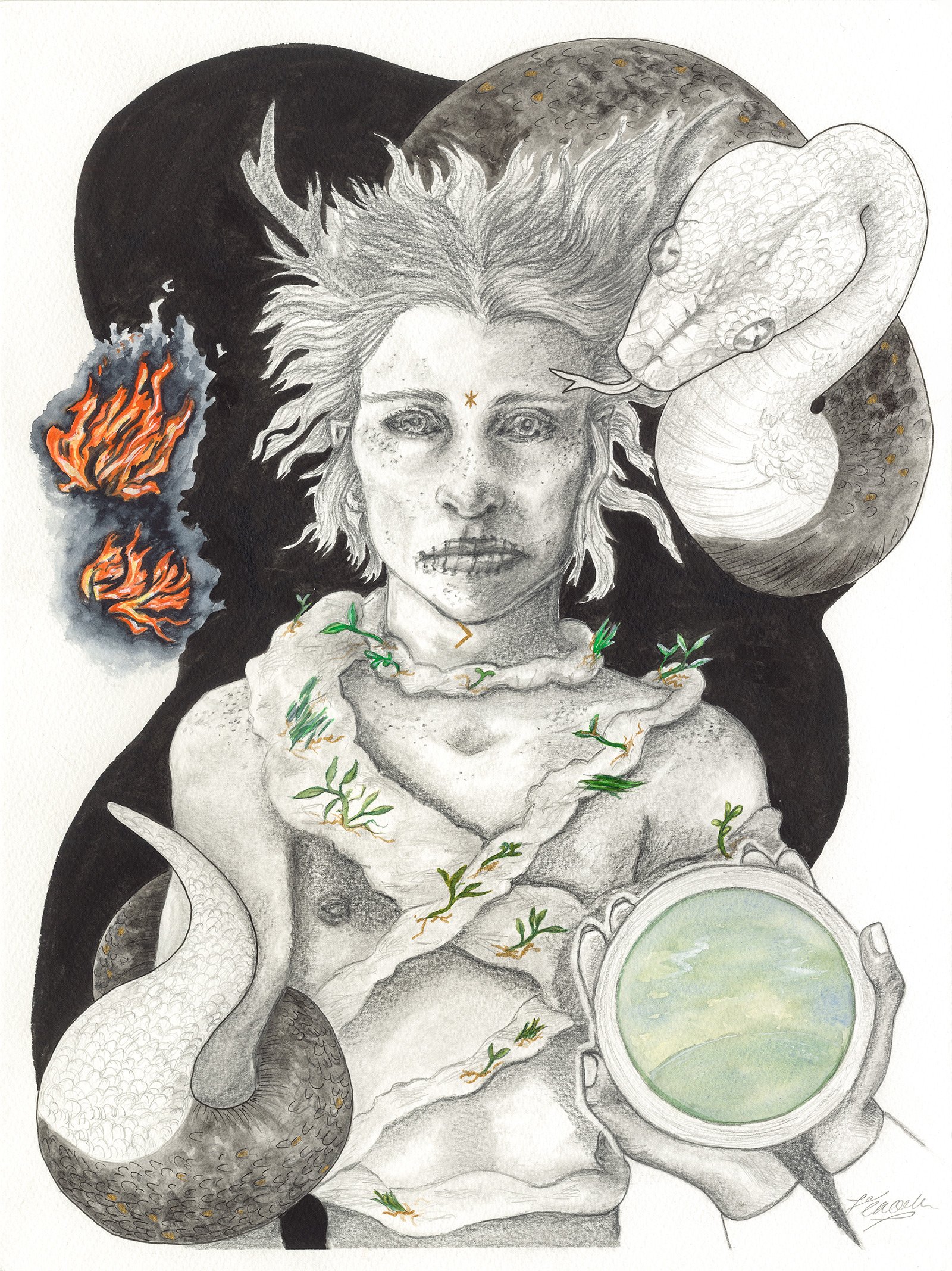 Sacrificial Fire: Available & Framed in Grey - Mixed media on paper - £295