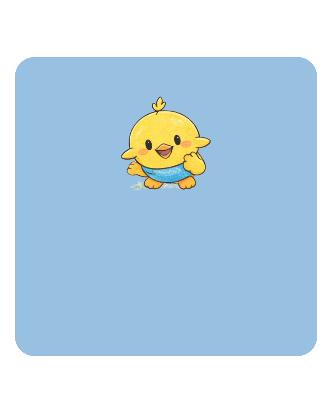 Une illustration d'un poussif jaune avec un bec orange, portant un t-shirt bleu, souriant avec un clin d'œil, sur un fond bleu clair.