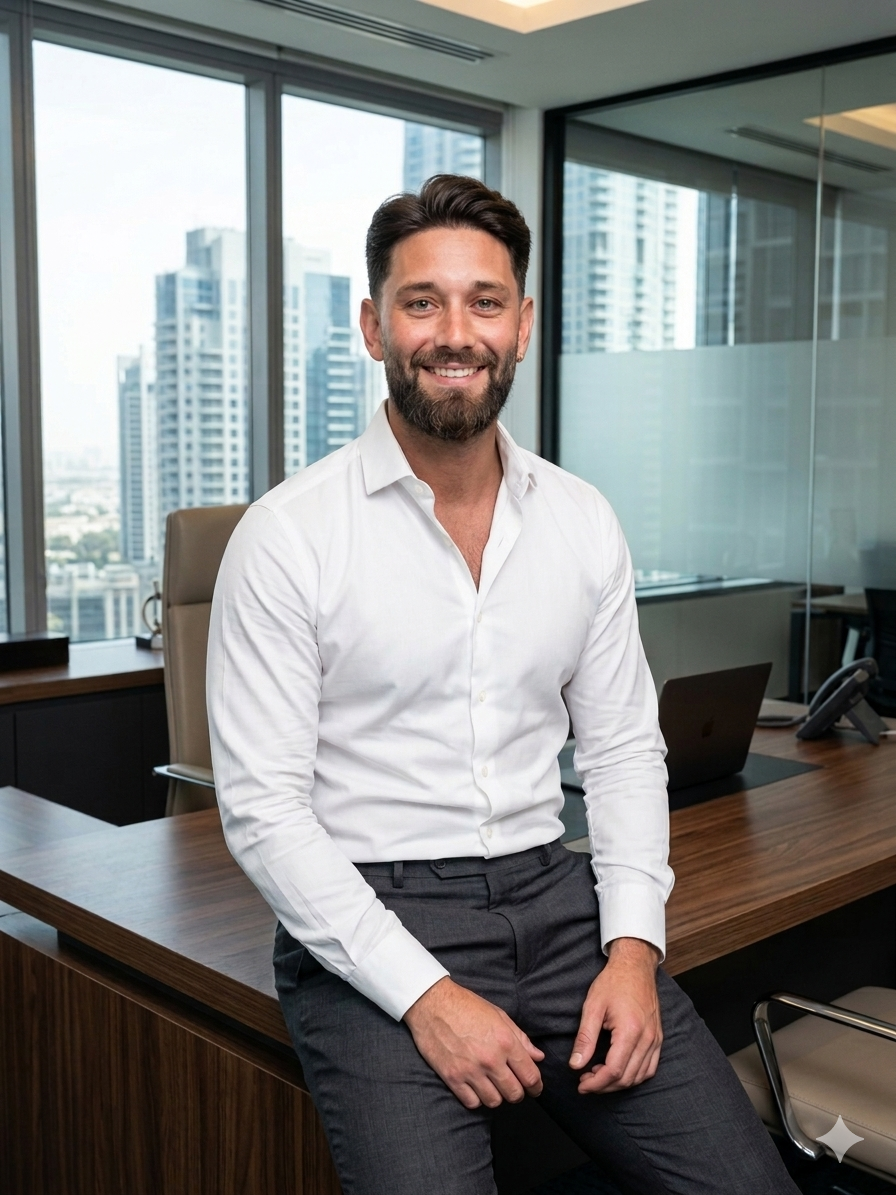 A man in a white shirt and dark pants sitting on the edge of a wooden desk in a modern office with large windows and a city skyline in the background.