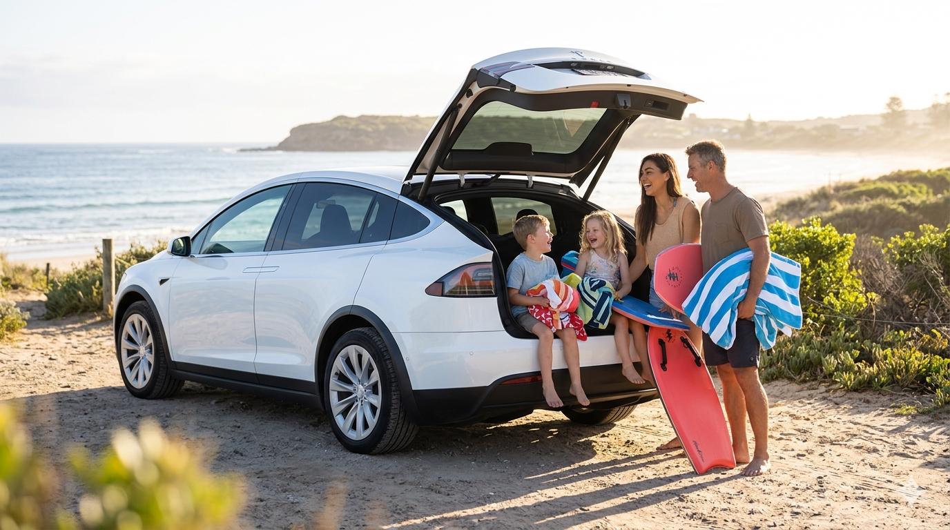 Family unloading surfboards and beach gear from the trunk of a white Tesla at a sandy beach with ocean and cliffs in the background.