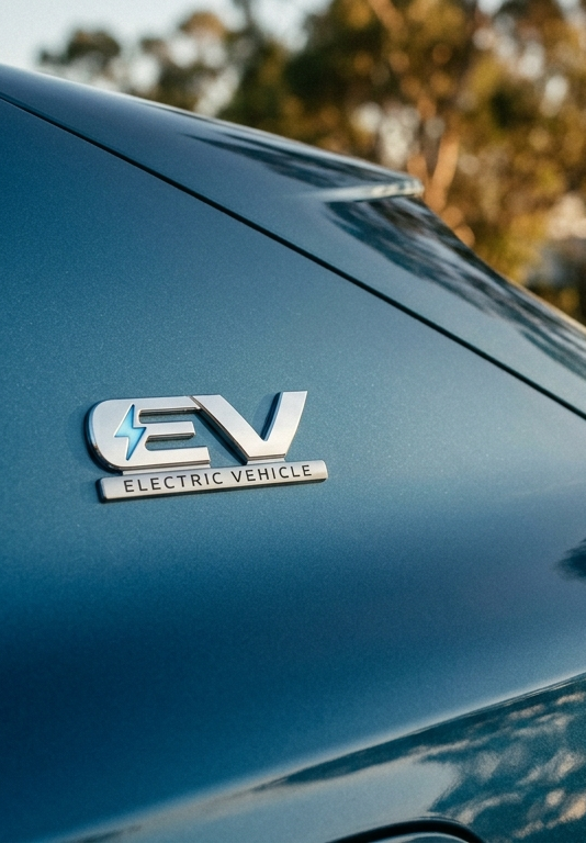 Close-up of a blue electric vehicle badge on a car with a blurred background of trees and sky.