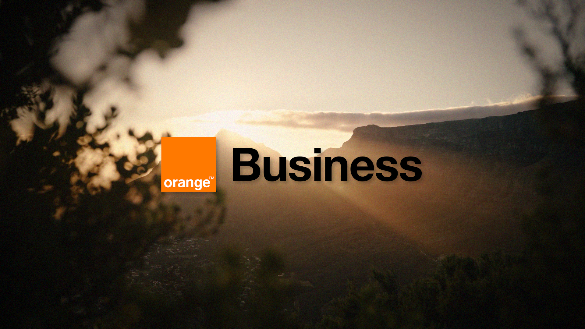 Image présentant un paysage naturel lors du coucher de soleil avec le texte 'Orange Business' en superposition, où 'orange' est dans un carré orange et 'Business' en noir.