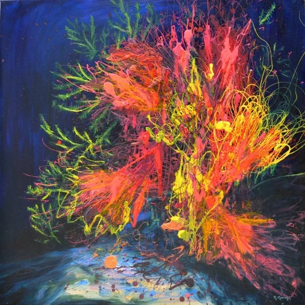 Under the sea 17, 2018, Mixed Media : Oil & ink on canvas, (100X100 cm), Private Collection