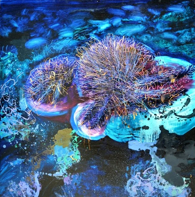 Under the sea 21, 2018, Mixed Media : Oil & ink on canvas, (150X150 cm), Private Collection