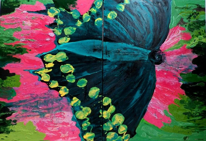 Butterfly 6, 2019, Mixed Media : Oil & ink on canvas, (110X160 cm), Private Collection