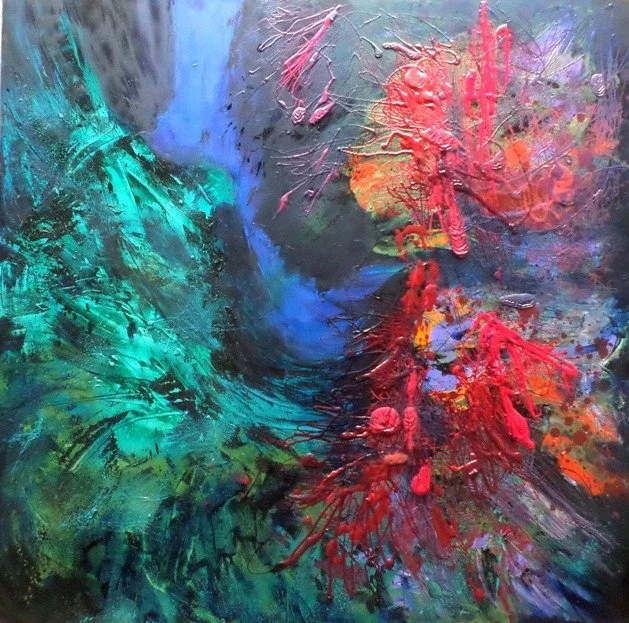 Under the sea 6, 2018, Mixed Media : Oil & ink on canvas, (100X100 cm), Private Collection