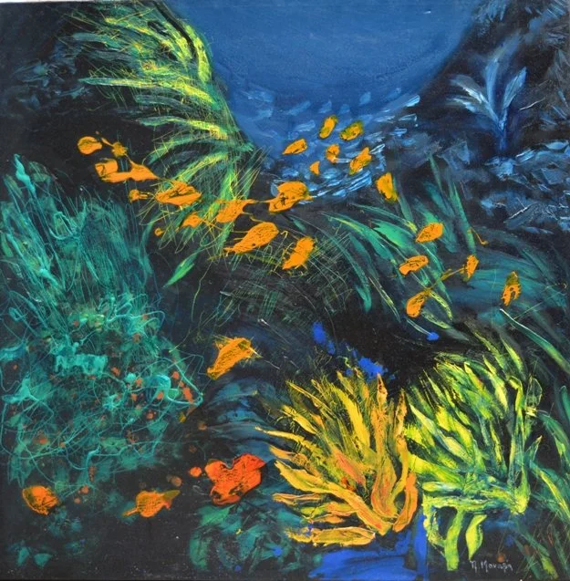 Under the sea 19, 2018, Mixed Media : Oil & ink on canvas, (100X100 cm), Private Collection
