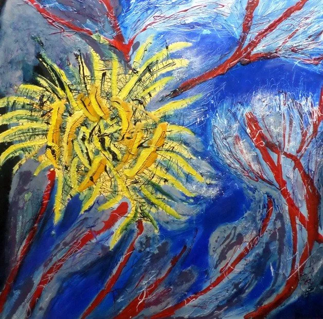 Under the sea 9, 2018, Mixed Media : Oil & ink on canvas, (100X100 cm), Private Collection