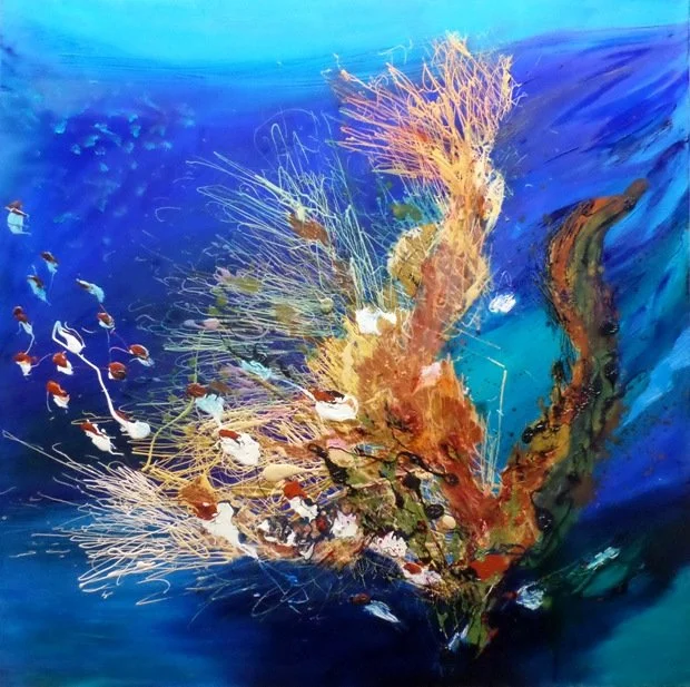 Under the sea 1, 2018, Mixed Media : Oil & ink on canvas, (100X100 cm), Artist Collection