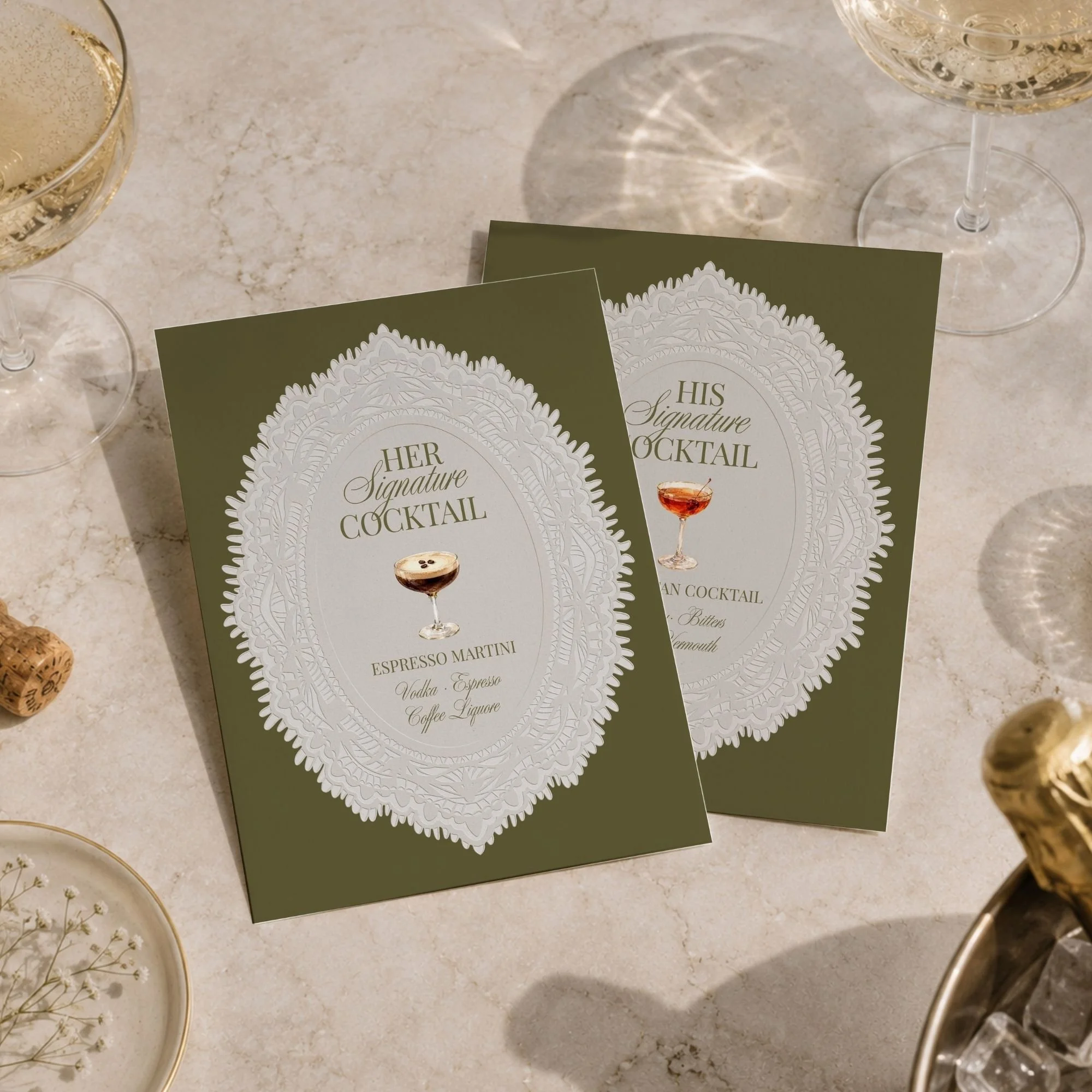 Olive Green His & Hers Signature Cocktail Menu | MARGOT Collection