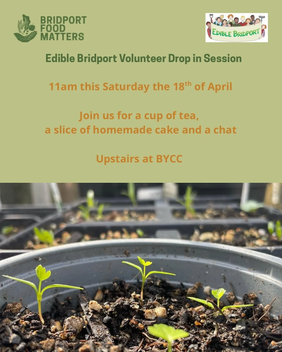 Come say hello this Saturday! Whether you fancy getting your hands in the soil or just want to find out what Edible Bridport is all about, we&rsquo;d love to see you at our Volunteer Drop-in this Saturday 18th April, 11am, upstairs at BYCC &mdash; te