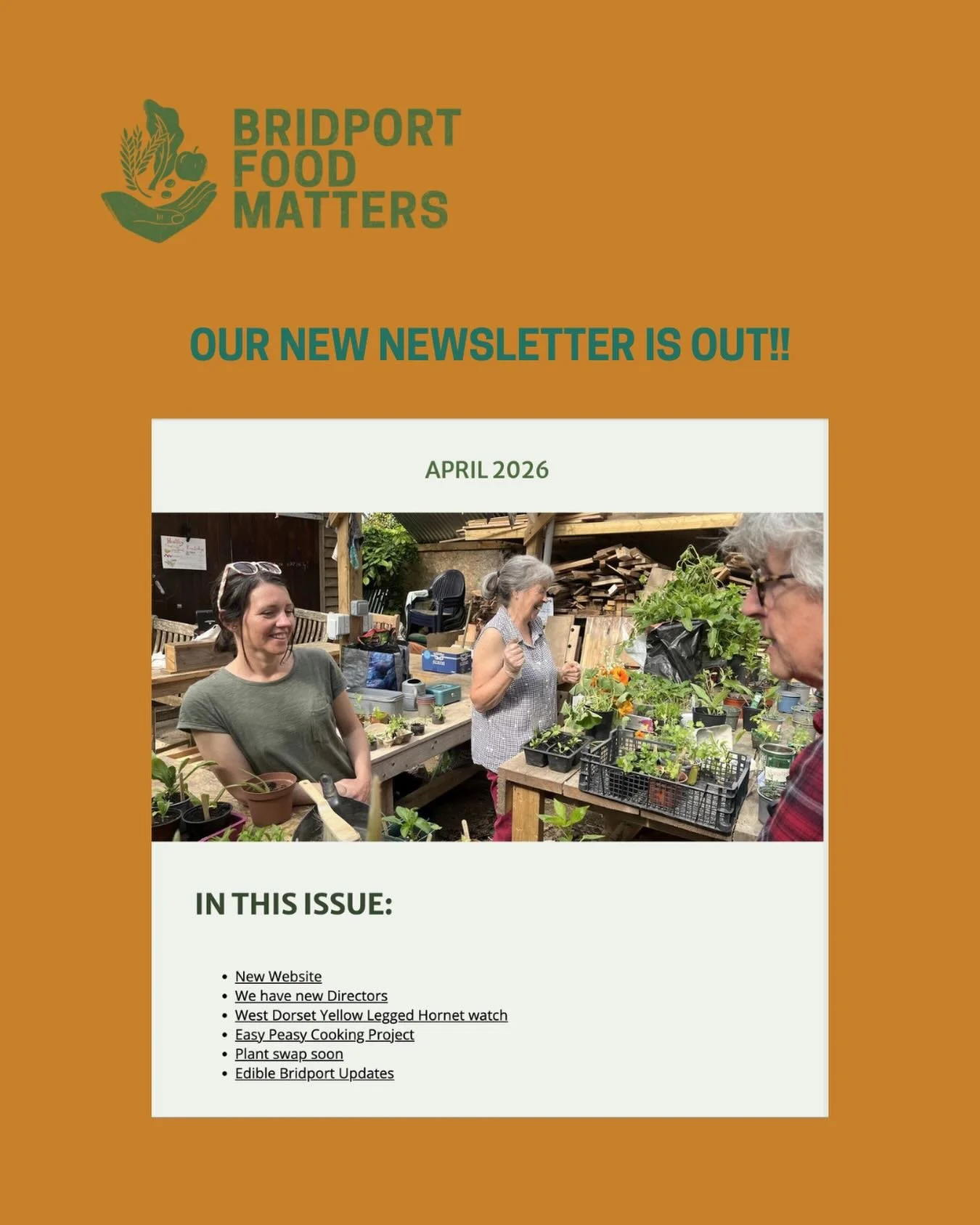 Our April newsletter is out! Catch up on everything that&rsquo;s been happening &mdash; new Directors, our Easy Peasy Cooking Project, Edible Bridport updates, the upcoming Plant Swap and more. 

Read it now via the link in our bio, and if you&rsquo
