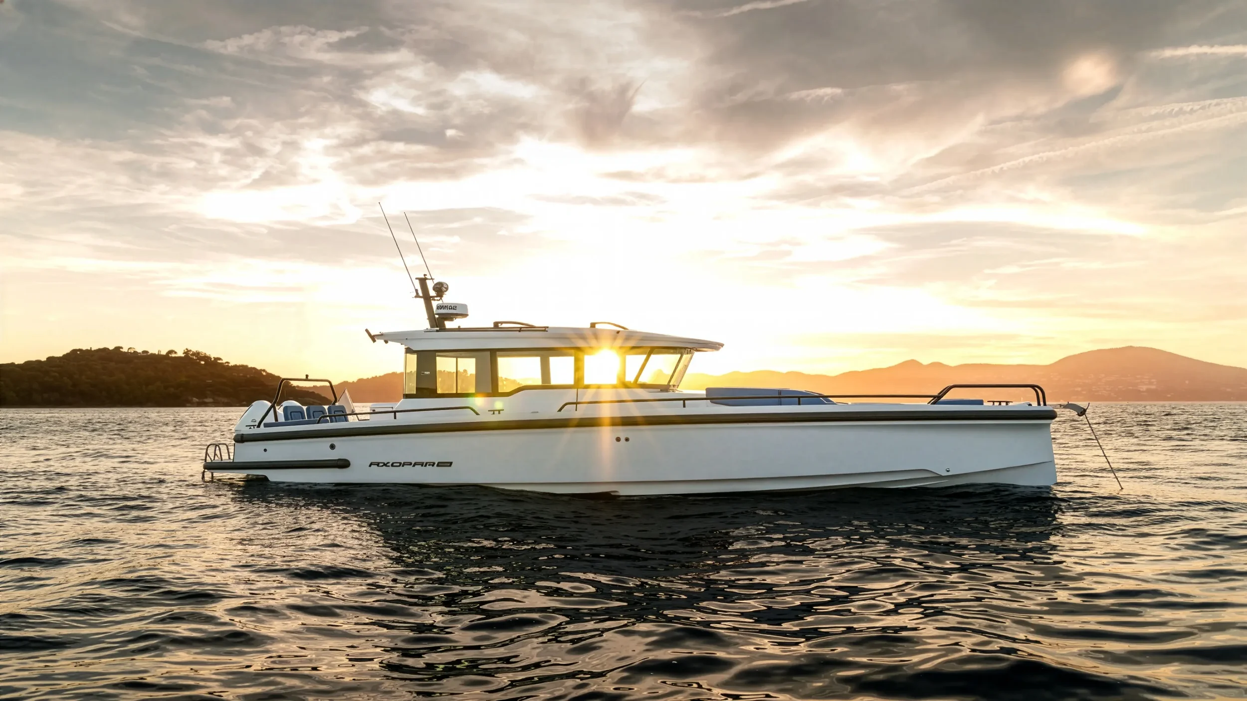 A white motor yacht on the water during sunset with hills in the background.