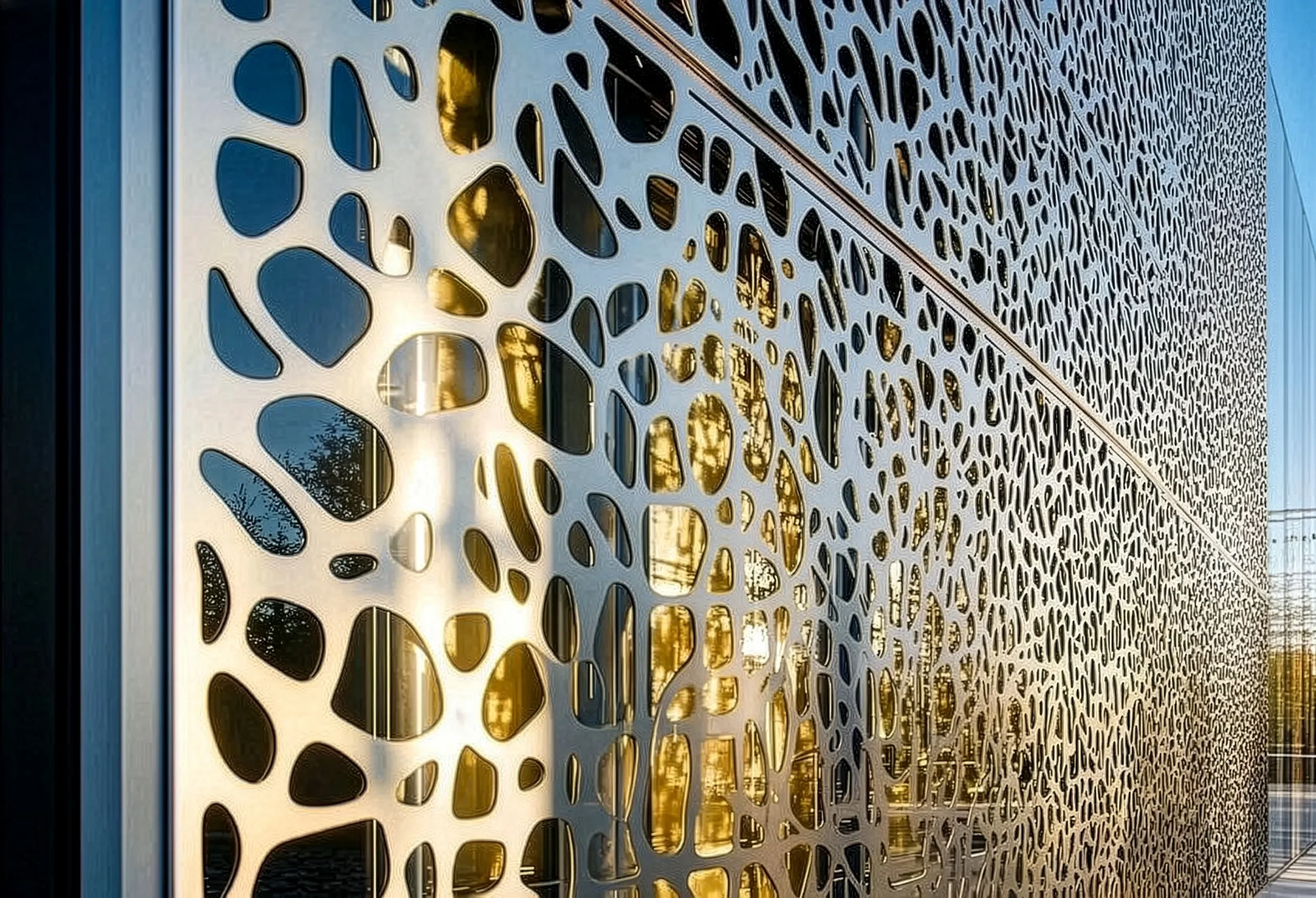 Close-up of a building exterior with a decorative metal facade featuring irregular organic-shaped cutouts; sunlight reflects through the openings, creating a pattern of shadows.