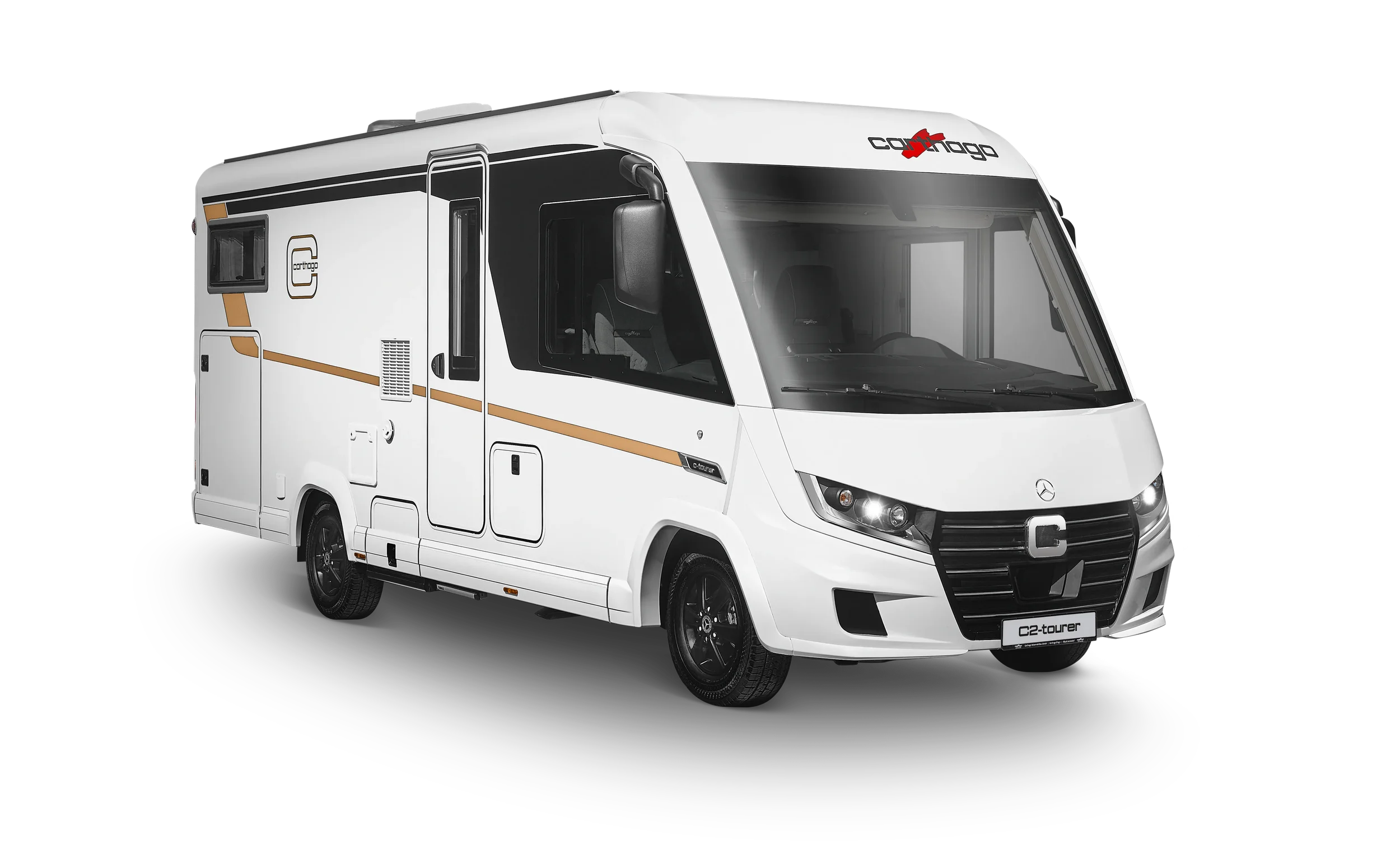 A white motorhome with black and gold accents, front grille, and Mercedes-Benz logo, labeled C2-tourer.