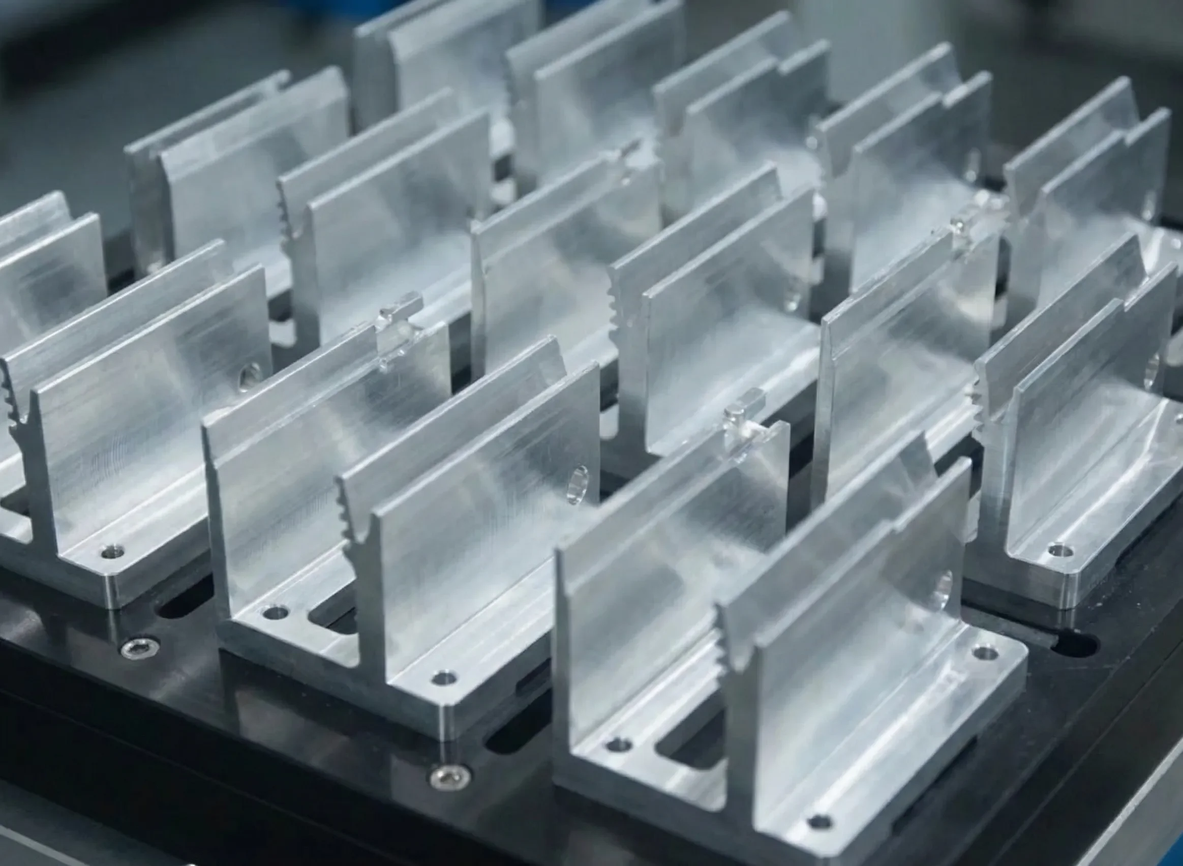 Multiple aluminum or metal machined parts on a black base in a manufacturing or assembly setting.