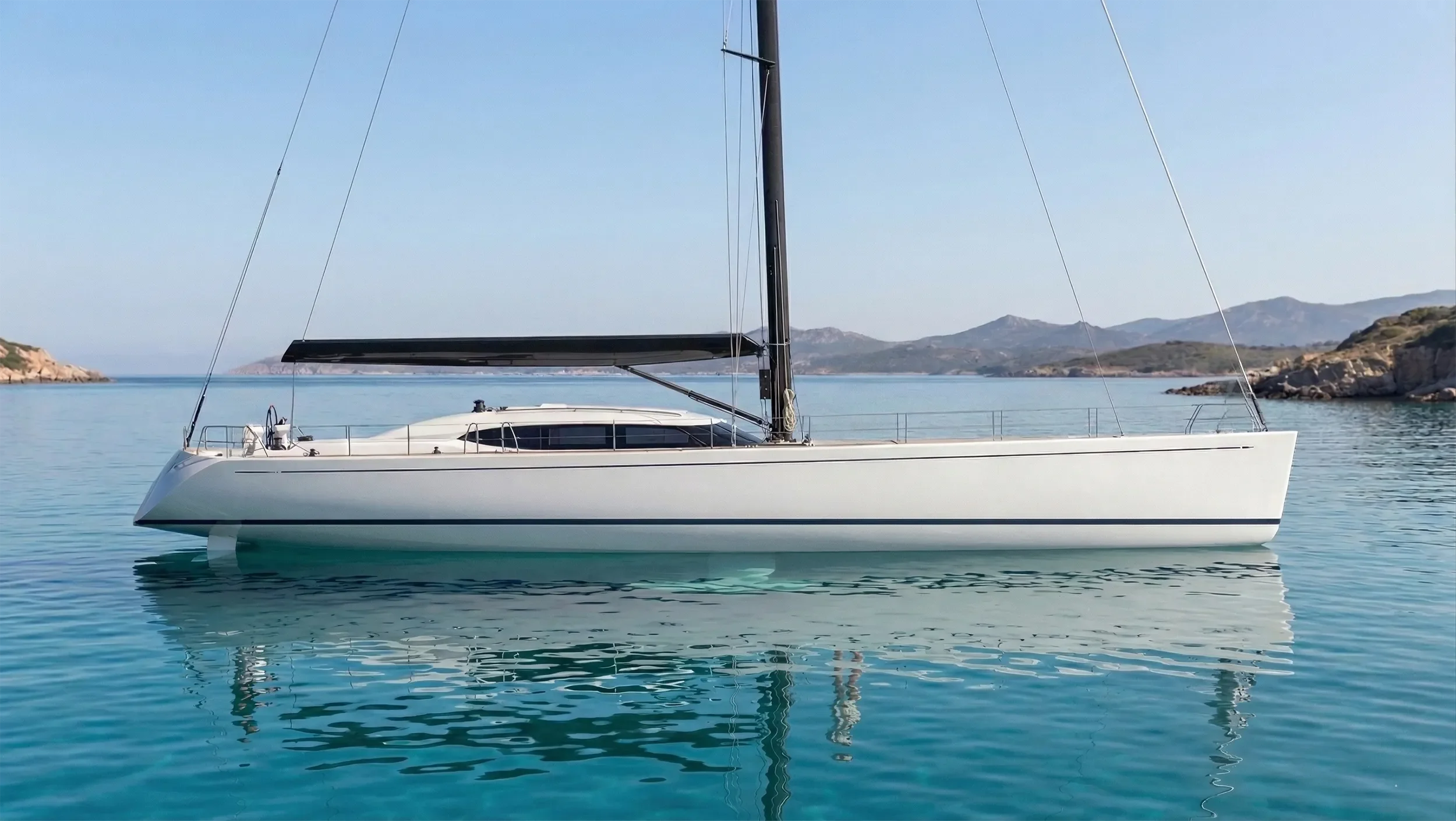 A white modern sailboat floating on calm turquoise water with distant hills and rocky shoreline in the background.