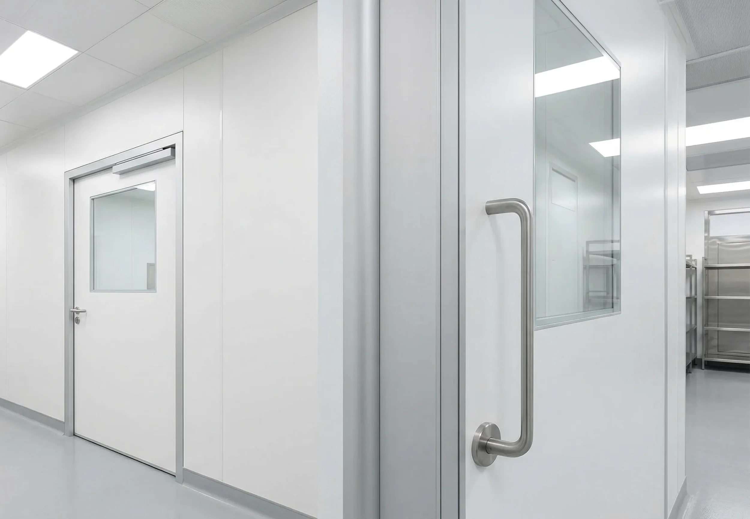 Sterile white corridor with a door featuring a small window and a metal handle, leading to a room with stainless steel shelving units, in a clean laboratory or medical facility.
