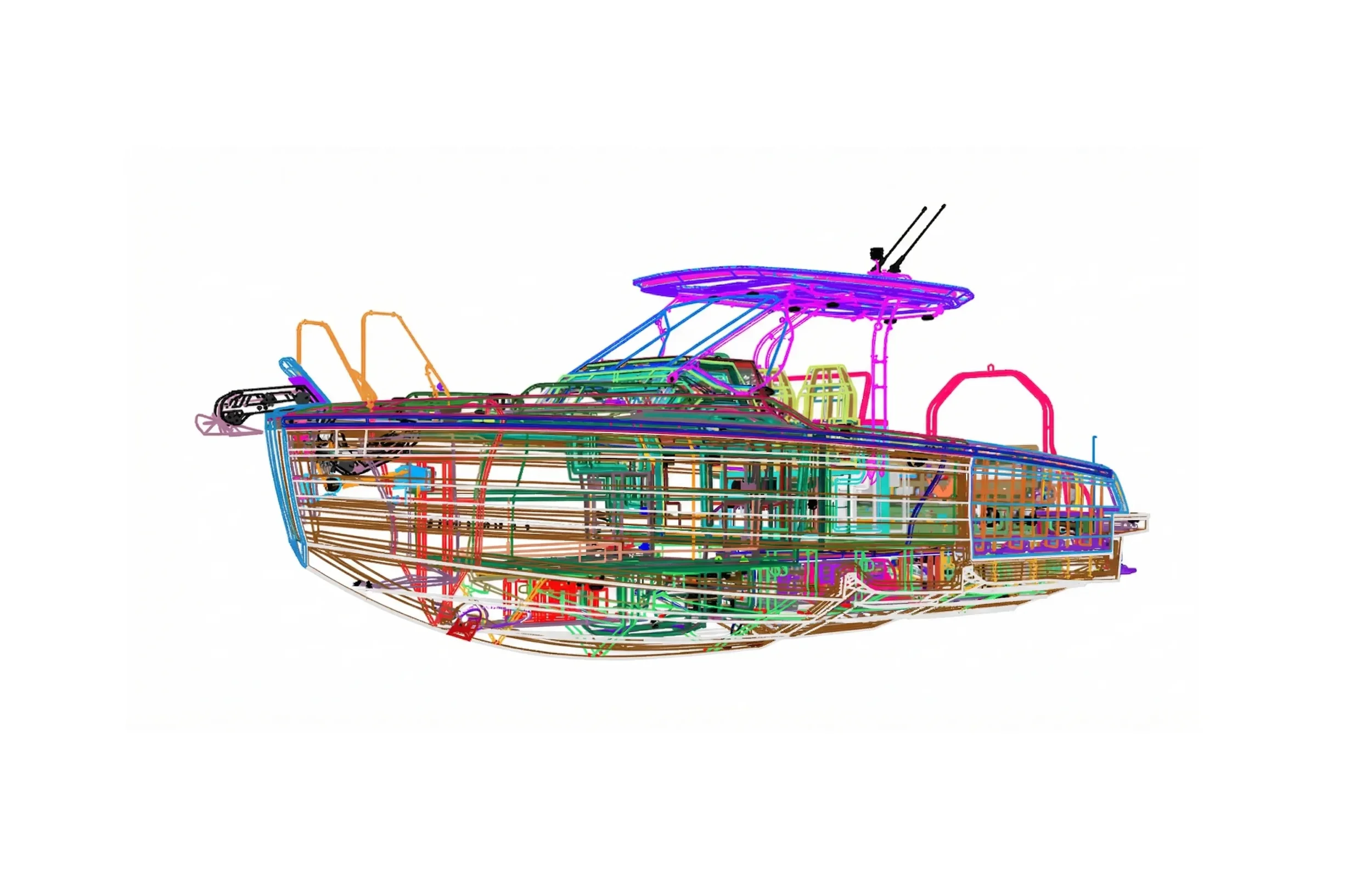 Color-coded wireframe outline of a boat with a canopy and various equipment.
