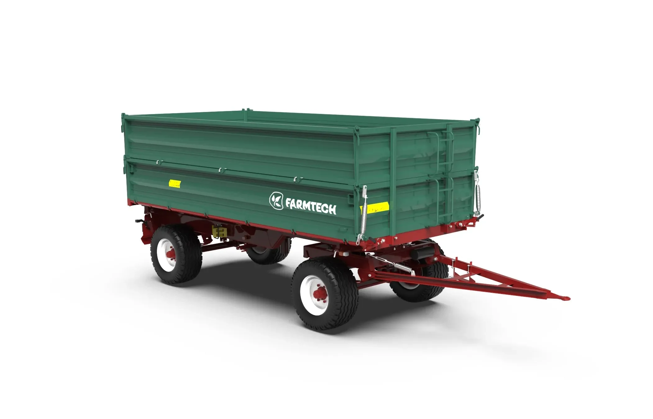 Green and red Farmtech farm wagon with a hitch, four tires, and a large open cargo area, isolated on a white background.