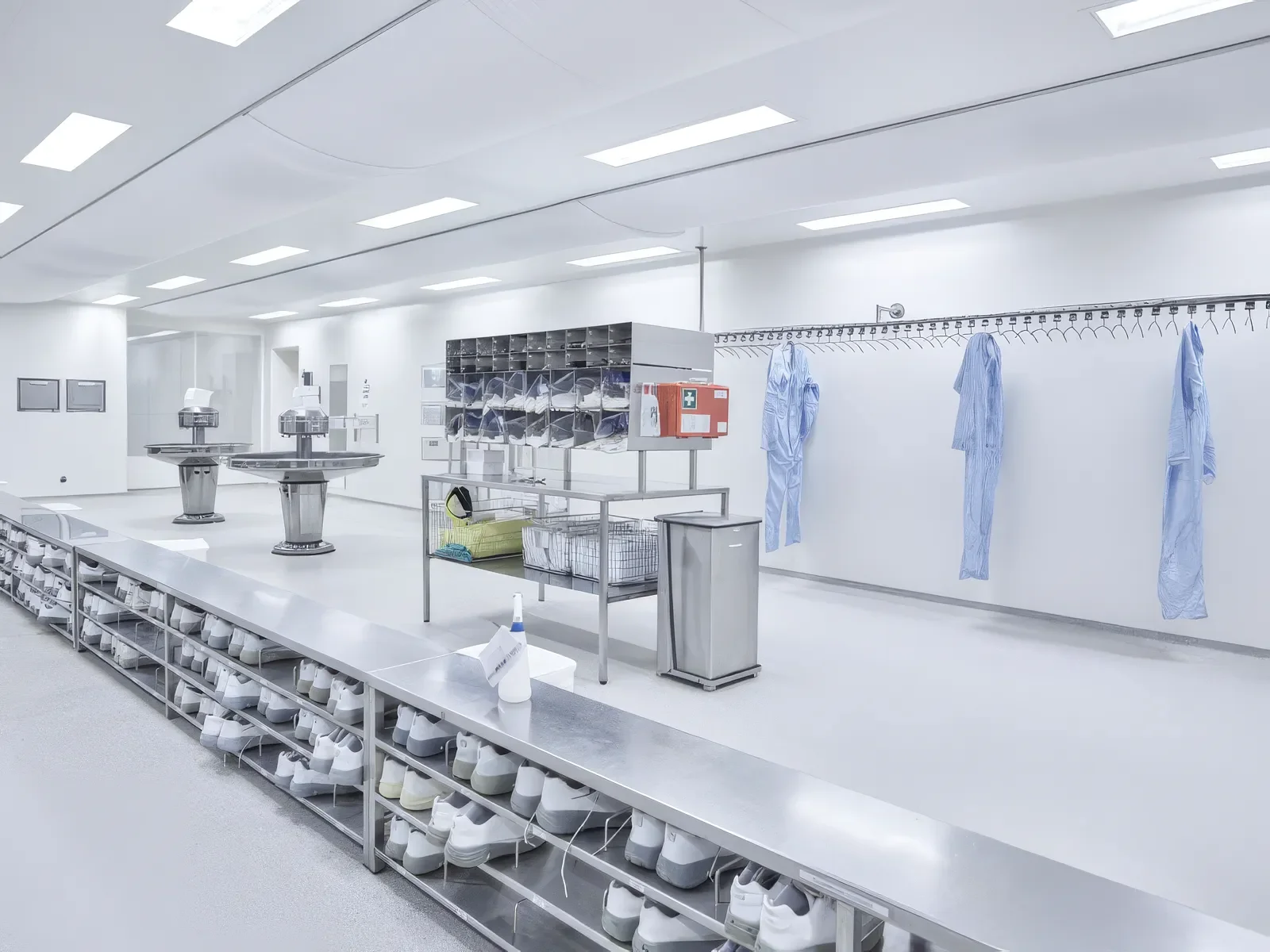A sterile, bright hospital laundry room with hanging blue medical gowns, several rotation machines, and a long metallic counter with shoes, sanitizer, and storage compartments.