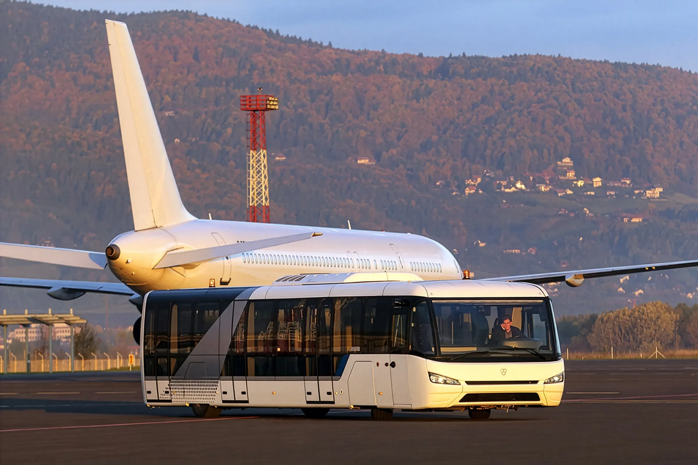 An airport tarmac with a large commercial airplane in the background and a modern white autonomous shuttle in the foreground, set against a backdrop of hills with trees and residential houses.