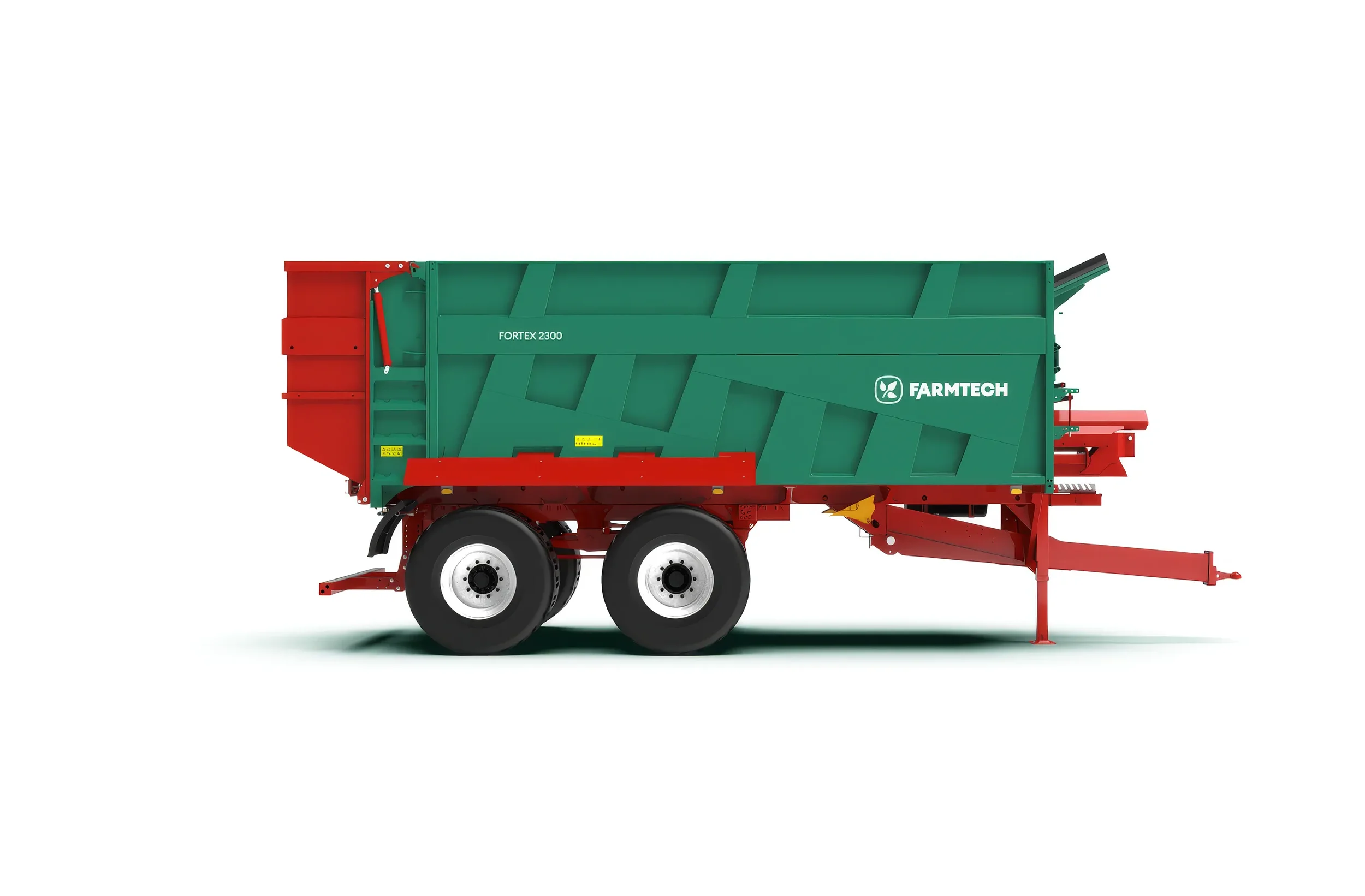 Green and red farm equipment trailer with black wheels, branded Farmtech, on a white background.