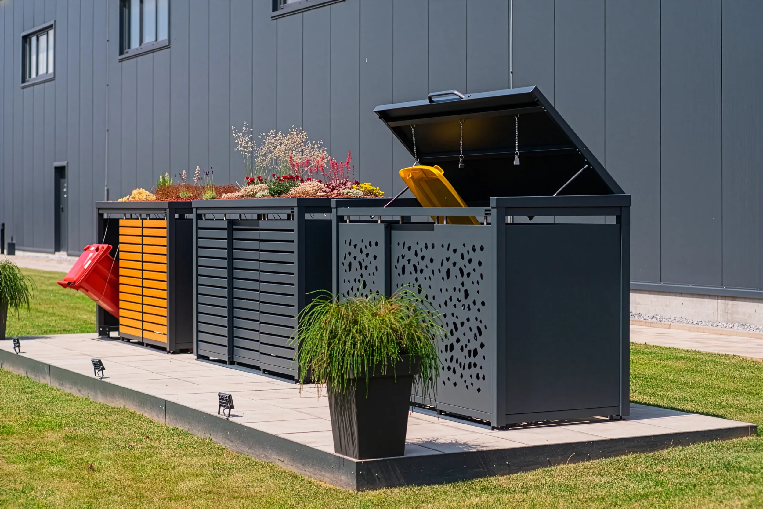 Outdoors, a modern dark gray building with three flower beds and recycling bins on a paved patio; a potted plant with green grass sits in front.