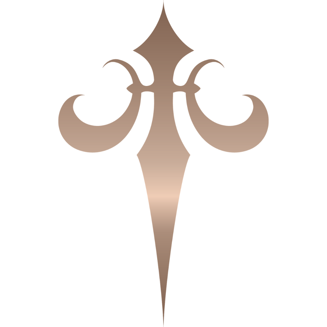 A decorative emblem with a symmetrical, ornate design in metallic brown, resembling a fleur-de-lis or stylized floral motif.