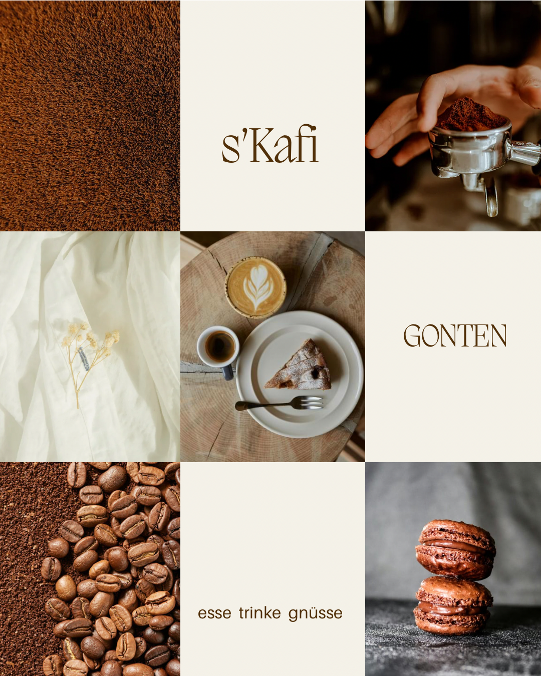 Collage aus Fotos von Kaffee, Kaffeezubehör, Kuchen und Macarons, sowie Kaffee-Bohnen, samt Text 's'Kafi', 'GONTEN', und 'esse trinke grüsse' auf beigem Hintergrund.