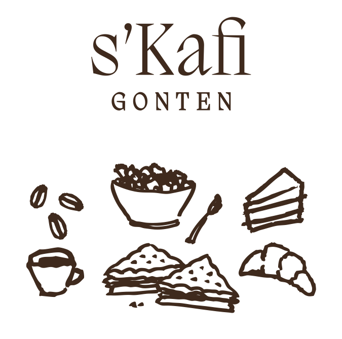 Logo mit dem Text "s'Kafi Gonten" und Illustrationen von Kaffeebohnen, einer Kaffeetasse, einem Löffel, einem Tortengeschmack, einem Stück Kuchen und einem Croissant.