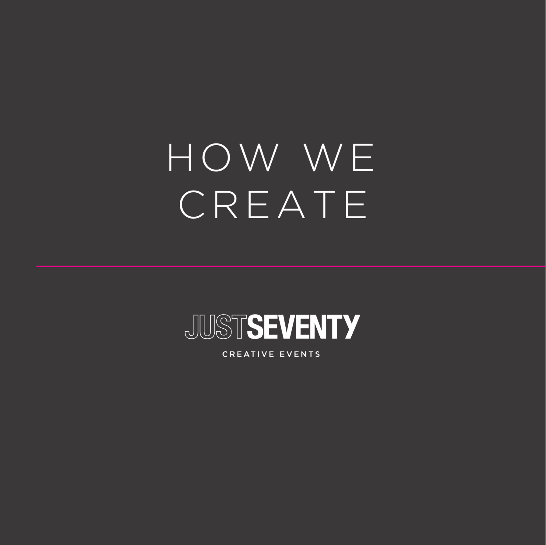 A promotional poster with dark background displaying the text 'HOW WE CREATE JUST SEVENTY' and 'CREATIVE EVENTS'.