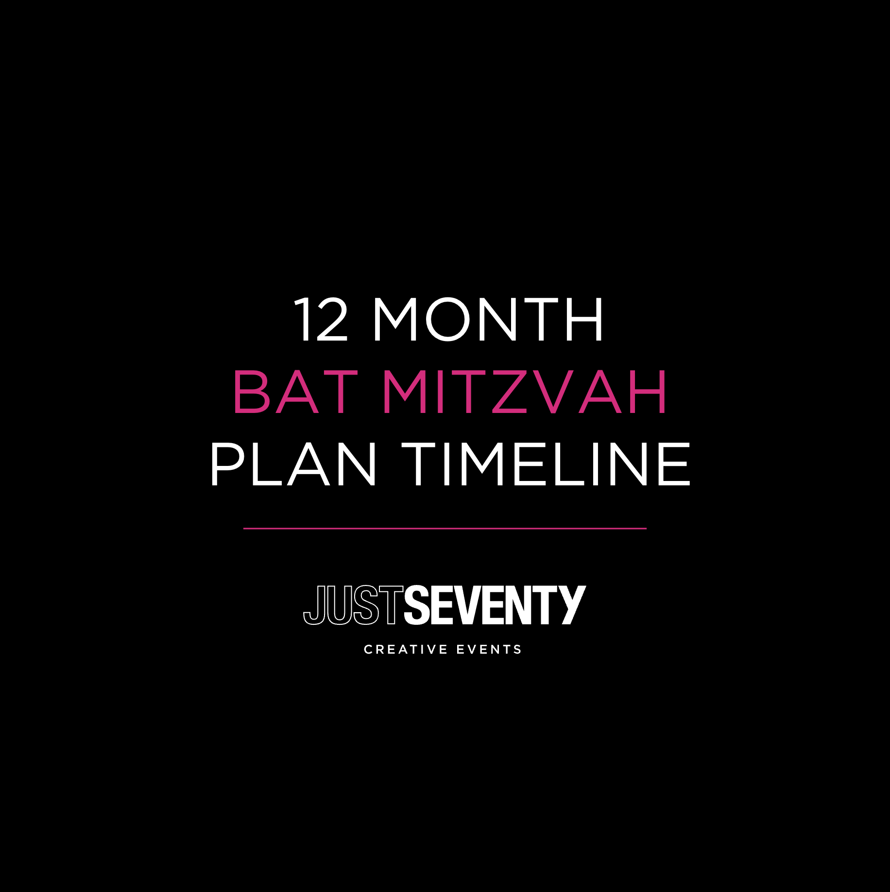 Text graphic with the message '12 Month Bat Mitzvah Plan Timeline' and other related event planning details, in pink and white on a black background.