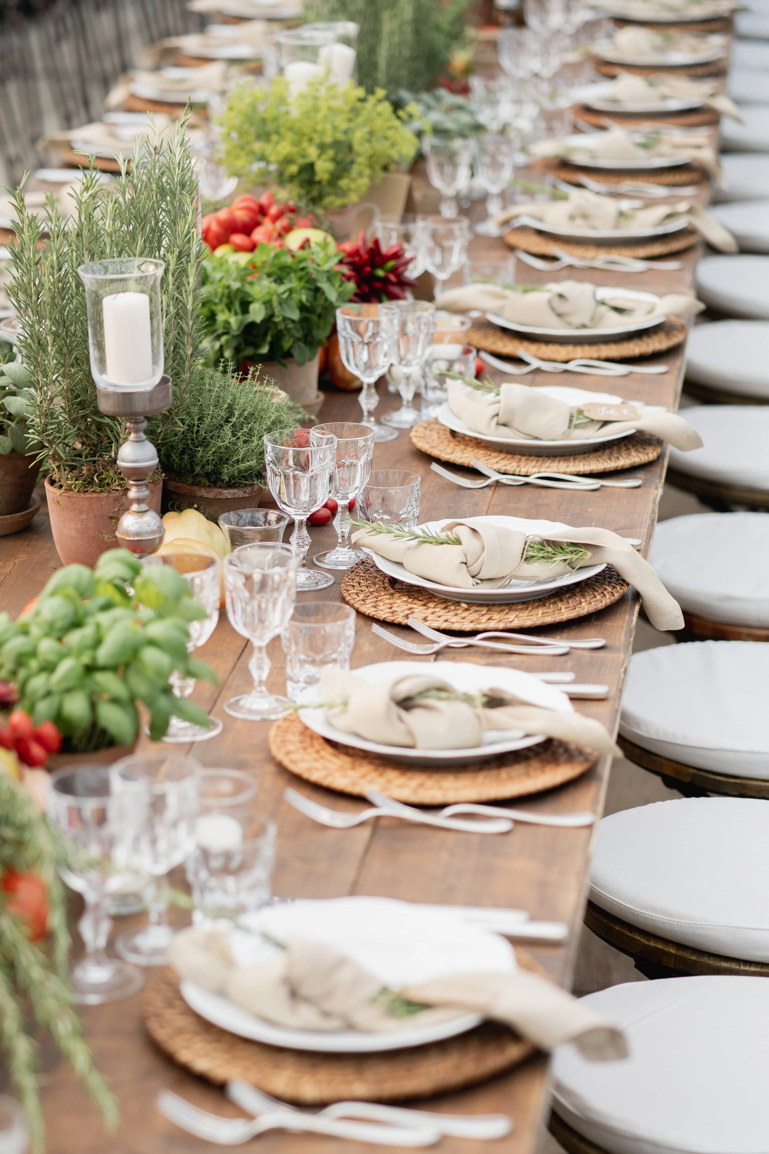 Long wooden table set for outdoor dining with white plates, beige napkins with greenery, glassware, and candles. The table is decorated with potted plants and fresh vegetables in Tuscany 