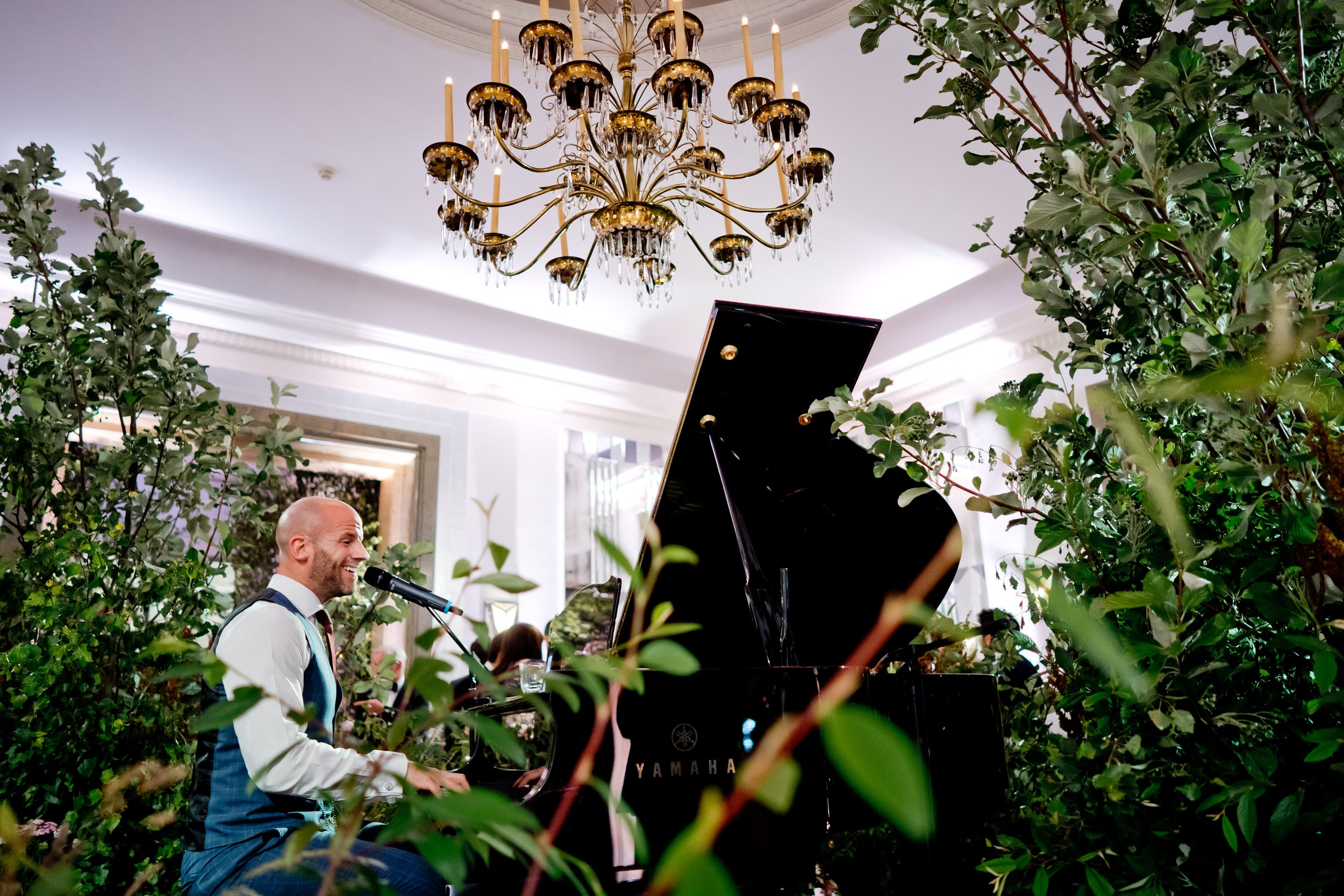 A man in a white shirt and vest playing a Yamaha grand piano, singing into a microphone, surrounded by lush green plants, in a well-lit room with a chandelier hanging from the ceiling.